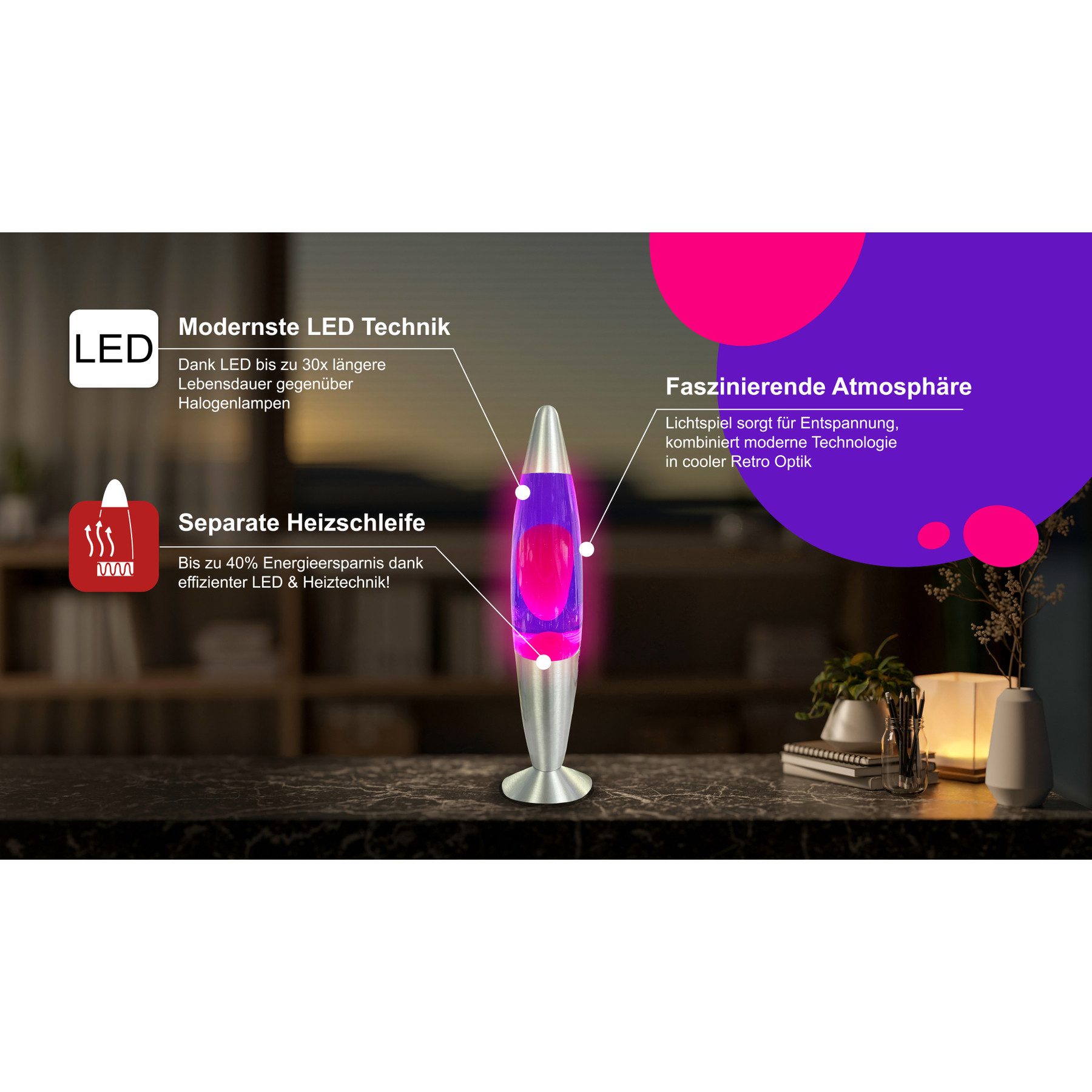 BLULAXA LED Lavalampe BLULAXA LED-Lava-Tischleuchte, 49984, 20W, 34 cm, ros günstig online kaufen