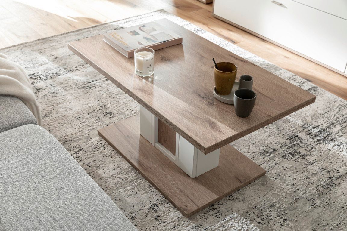 MCA furniture Couchtisch Couchtisch Santerno, Soft white / Viking Oak, Wohnzimmertisch, Eiche Evoke Dekor ca,:100 cm, mit Säulenfuß