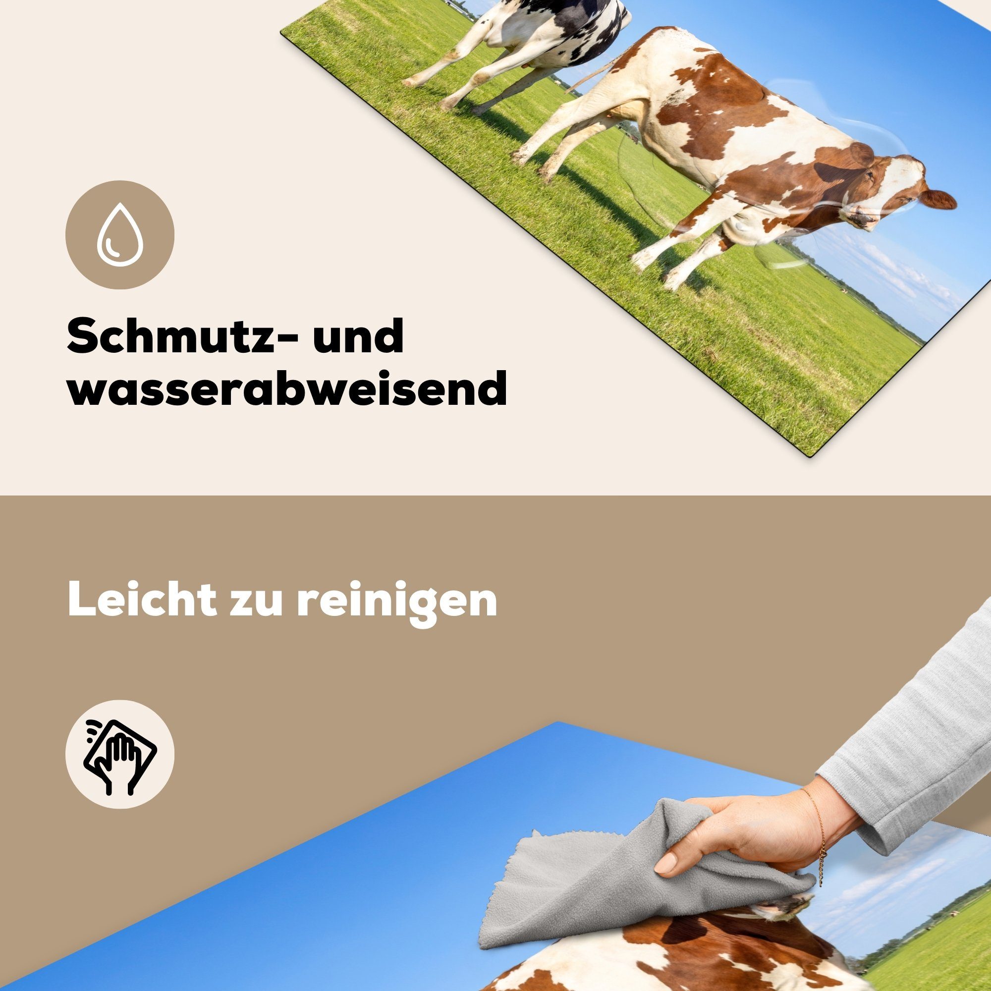 Schutz Kühe 81x52 die - Natur Herdblende-/Abdeckplatte MuchoWow für (1 küche, Induktionskochfeld Bauernhof - Tiere, Vinyl, Ceranfeldabdeckung Gras - - tlg), cm,