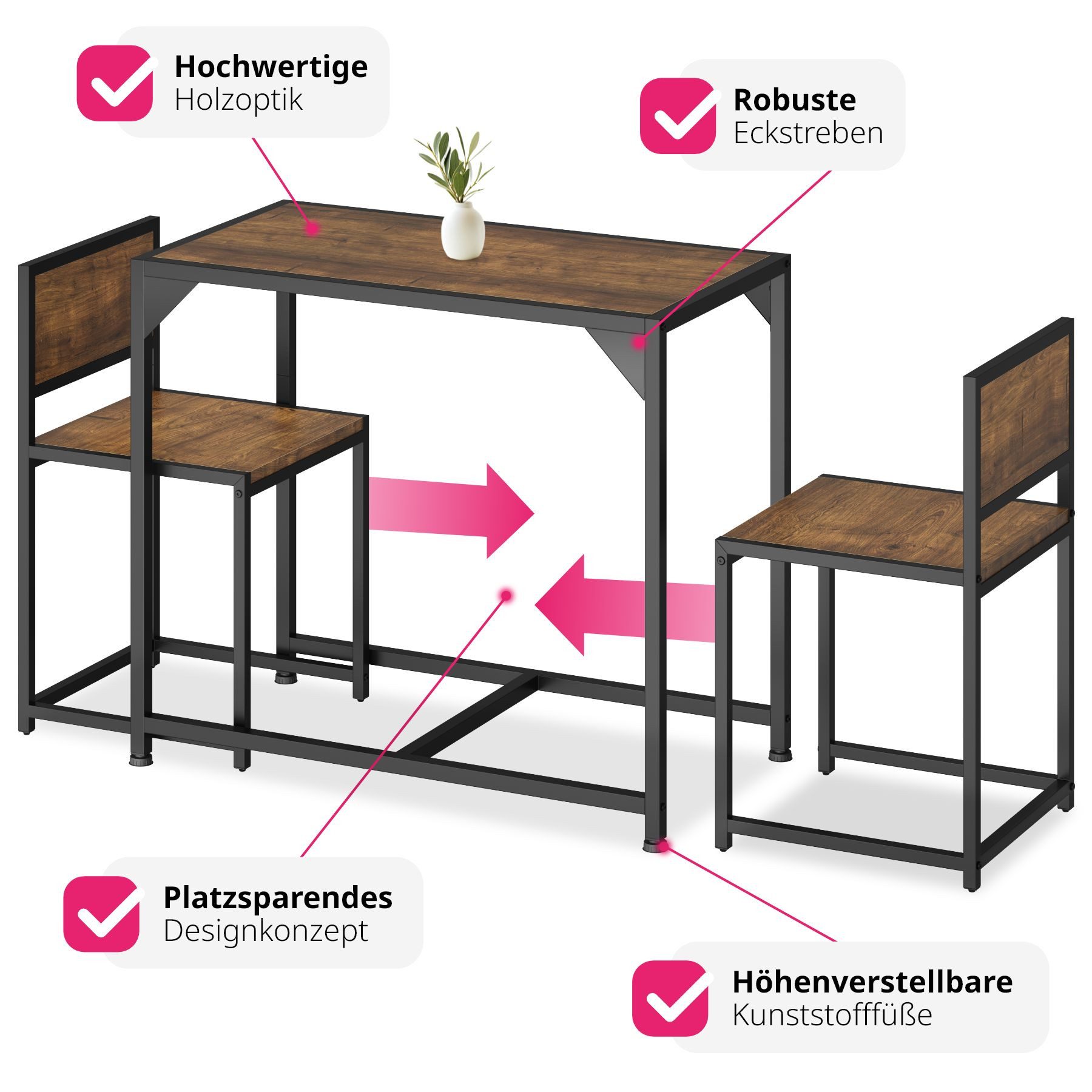 tectake Sitzgruppe Essgruppe 3-teilig, mit höhenverstellbaren Kunststofffüßen, (Loungeset Milton, 3-tlg., in Industrial Holz dunkel, rustikal), Esstisch mit 2 Stühlen, Industrial Style, Holz und Stahl