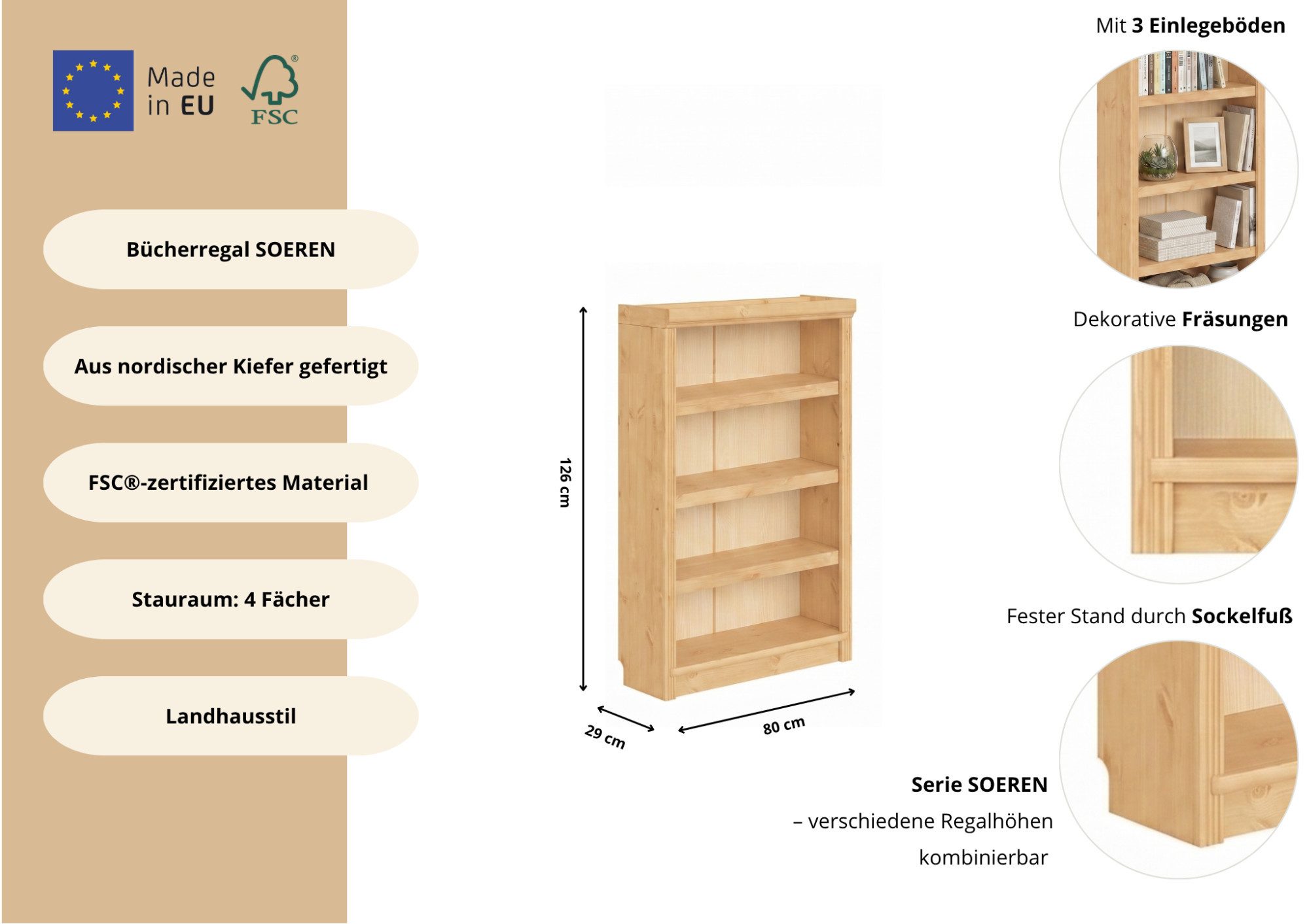 OTTO home Bücherregal Soeren, aus massiver Kiefer, Tiefe 29 cm, FSC®-zertifiziert