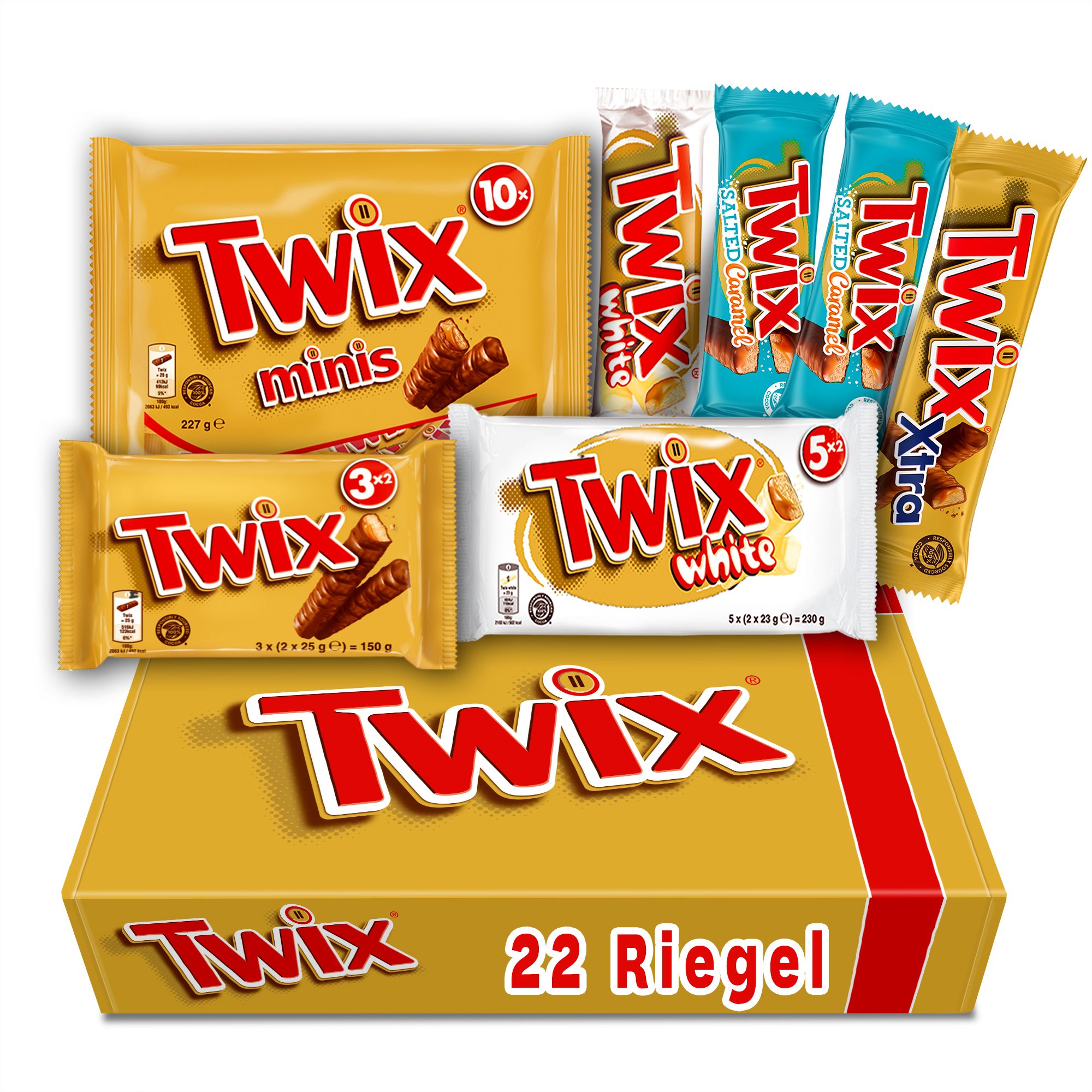 Twix Süßigkeit TWIX Fan-Box Schokoriegel Mix 7 Packungen, 22 Riegel, 6 Sorten, 820g