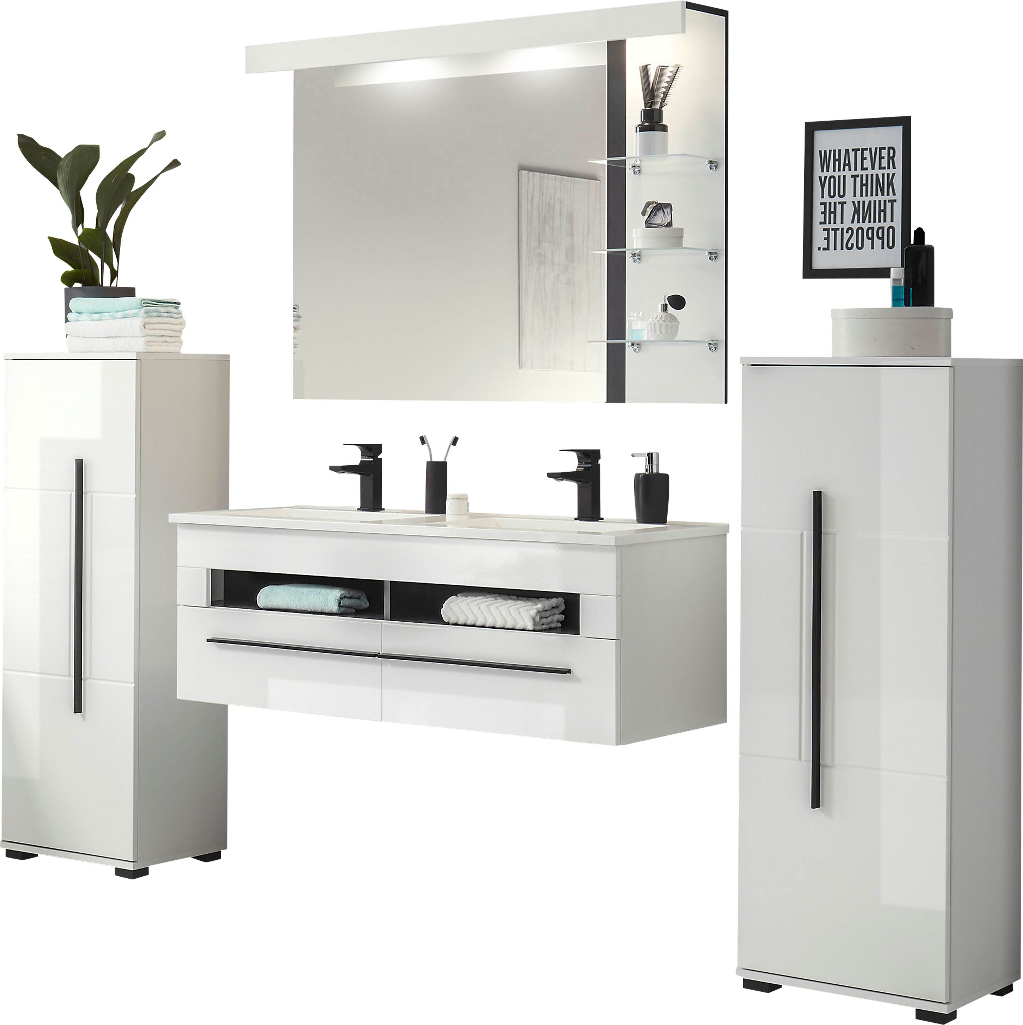 Home affaire Badmöbel-Set Cantara, Bad im modernen Design, 4-teiliges Badezimmer, (Set, 4-St), Waschtisch, Schränke und Spiegel, in Weiß Hochglanz, viel Stauraum