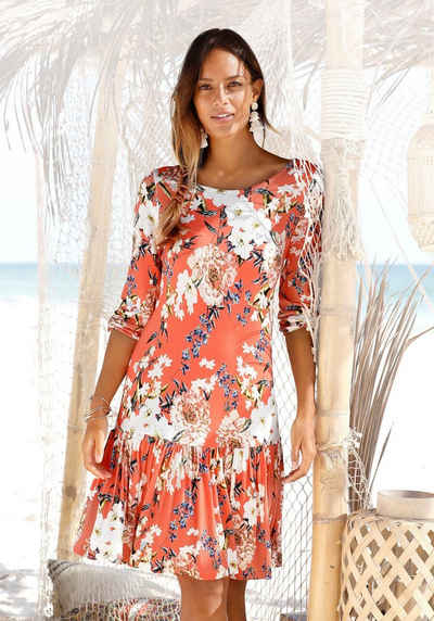 s.Oliver Jerseykleid mit Blumenprint und Volantrock, 3/4-Ärmel, Sommerkleid, Strandkleid