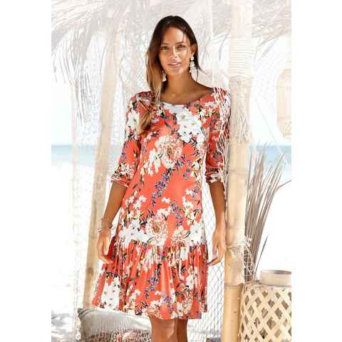 s.Oliver Jerseykleid mit Blumenprint und Volantrock, 3/4-Ärmel, Sommerkleid, Strandkleid