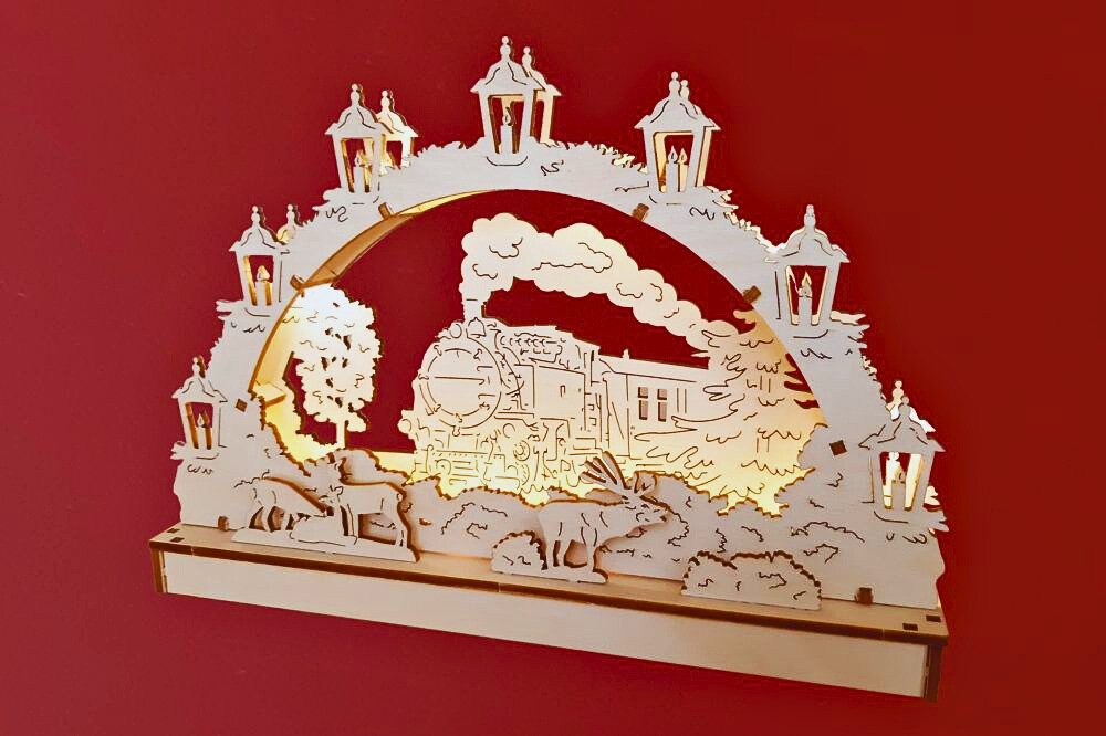 DeColibri LED Schwibbogen DIY Bausatz 3D LED Schwibbogen - Dampfeisenbahn Dampflok, Batterie, Holzkunst aus Sachsen, beleuchtet