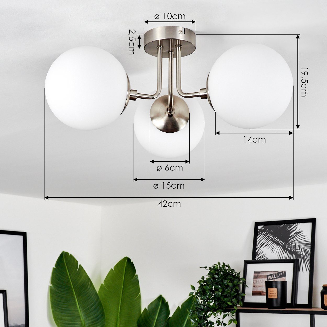 hofstein Deckenleuchte moderne Deckenlampe aus Metall/Glas in Nickel-matt/Milchglas, ohne Leuchtmittel, im modernen Design, Glasschrime (15cm), 3x E14, ohne Leu – Bild 4 von 5
