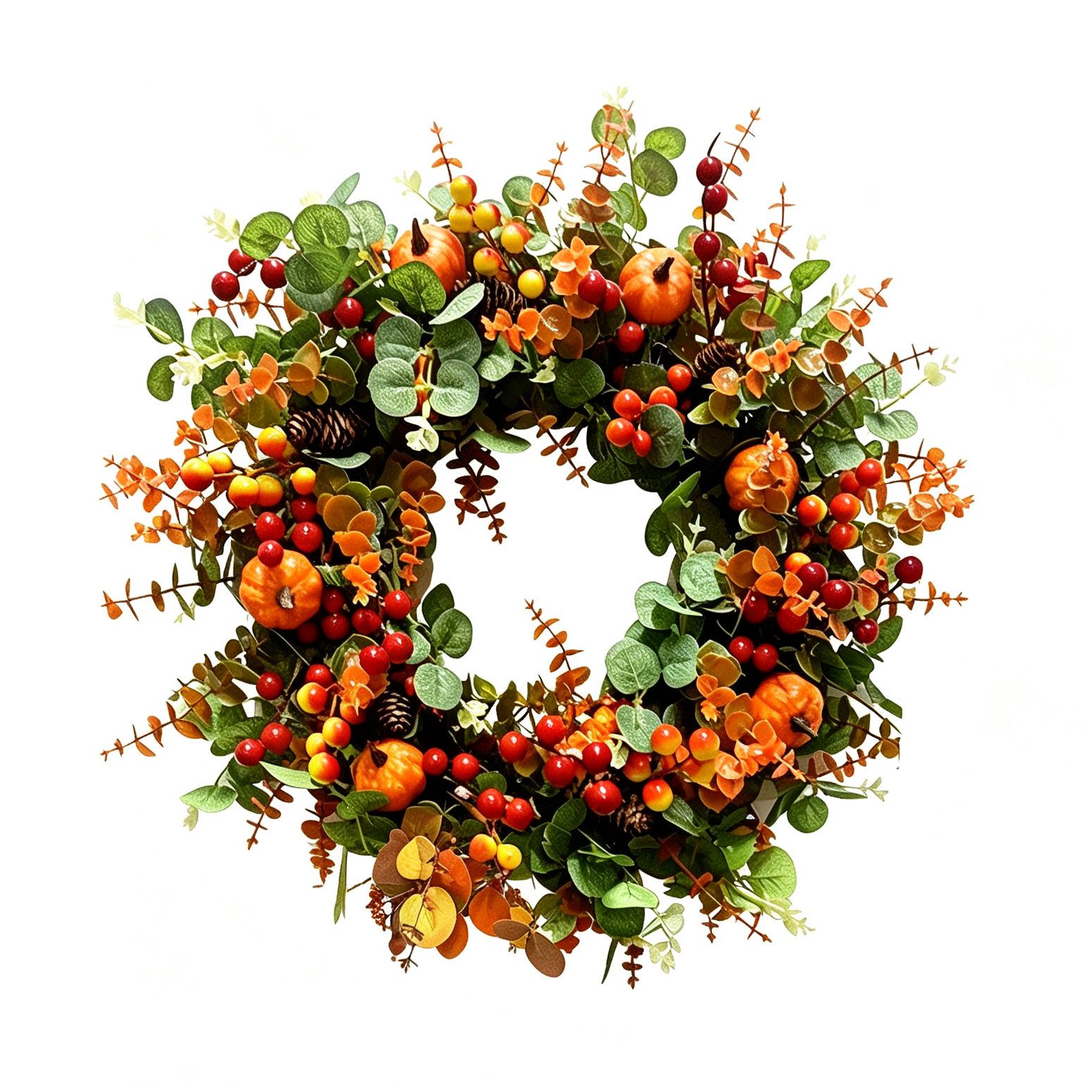 Agger Dekokranz Herbstlicher Kürbis-Beeren-Dekokranz, Türkranz für den Eingangsbereich, passend für Thanksgiving, Erntedankfest und Halloween