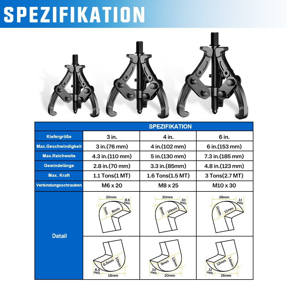 XERSEK Radnabenabzieher Lagerabzieher, 3-Armig Abzieher 3/4/6/8" Innen- und Außenziehend, Universal für Kurzes, Standardmäßiges, Langes und Extra Langes Ziehen
