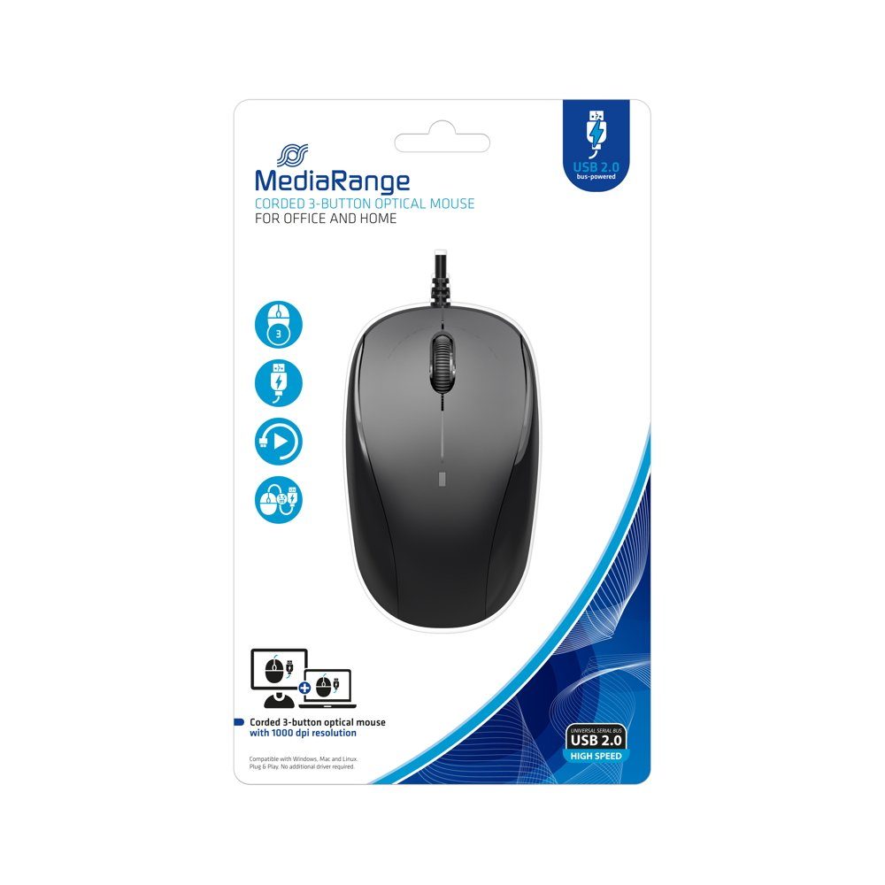 Mediarange Mediarange Maus optisch mit Kabel 3 Tasten 1000 dpi schwarz MROS213 Maus