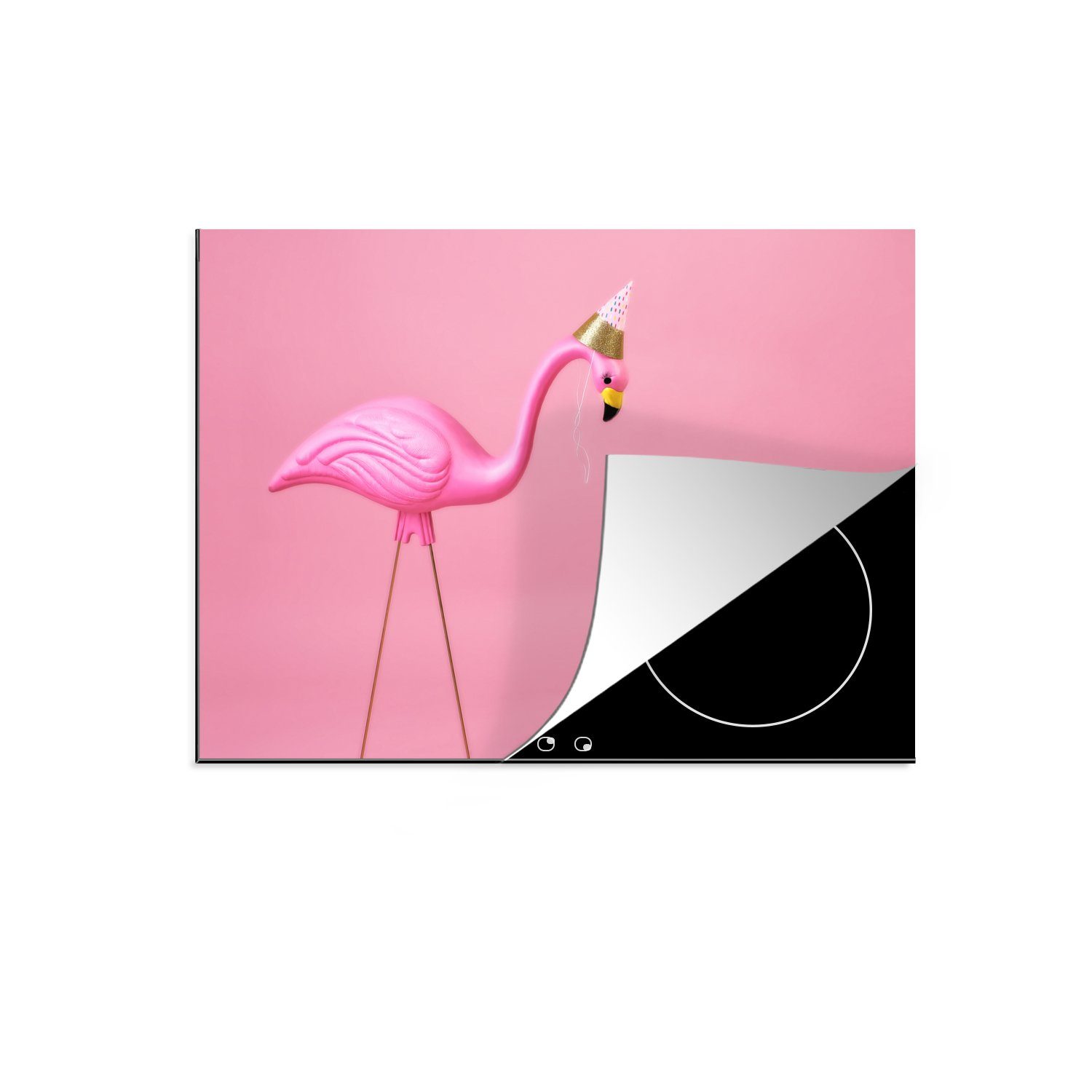 MuchoWow Herdblende-/Abdeckplatte Rosa Flamingo mit einem Partyhut, Vinyl, (1 tlg), 59x52 cm, Ceranfeldabdeckung für die küche, Induktionsmatte
