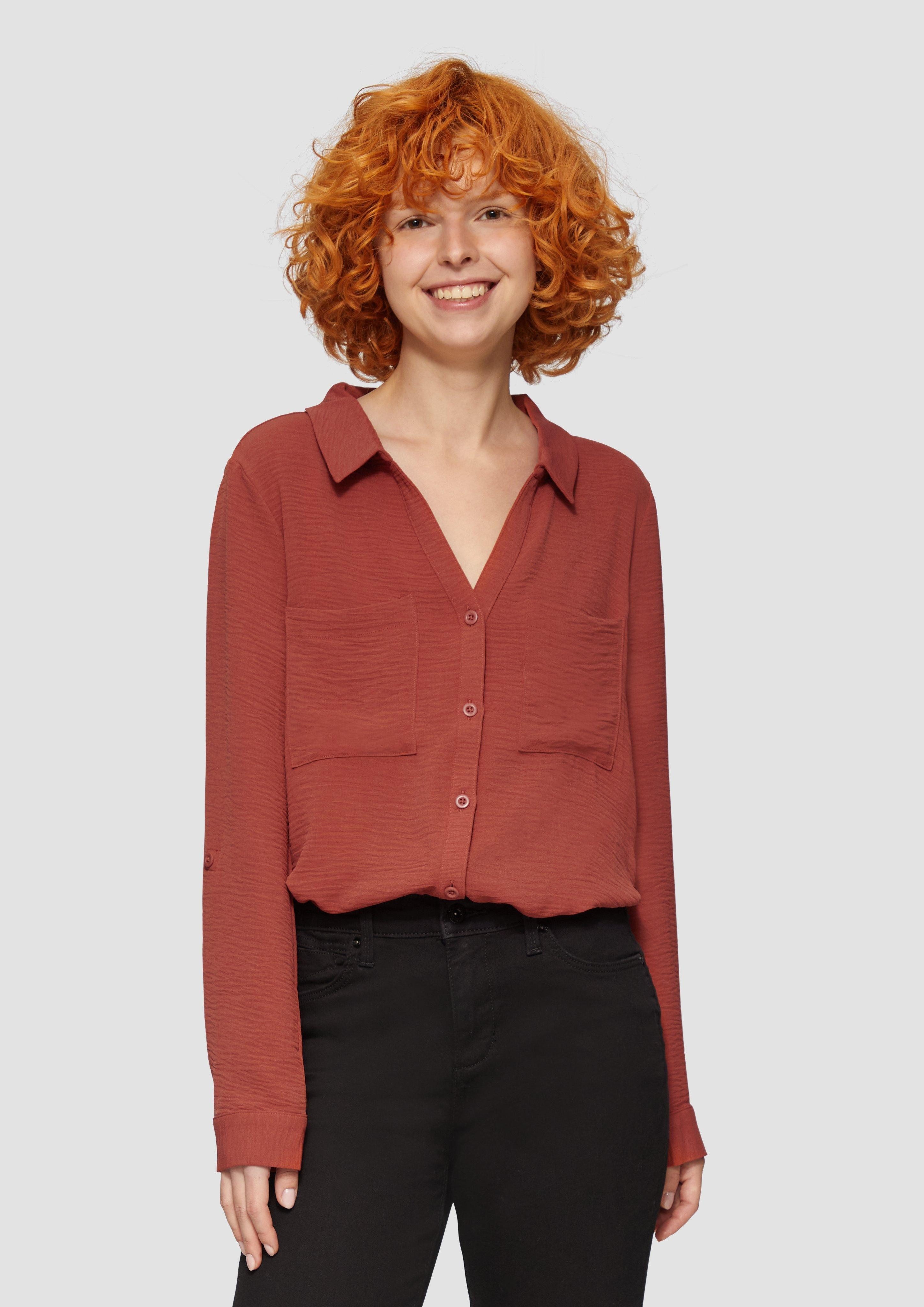 Langarmbluse Crêpe-Bluse mit Brusttaschen