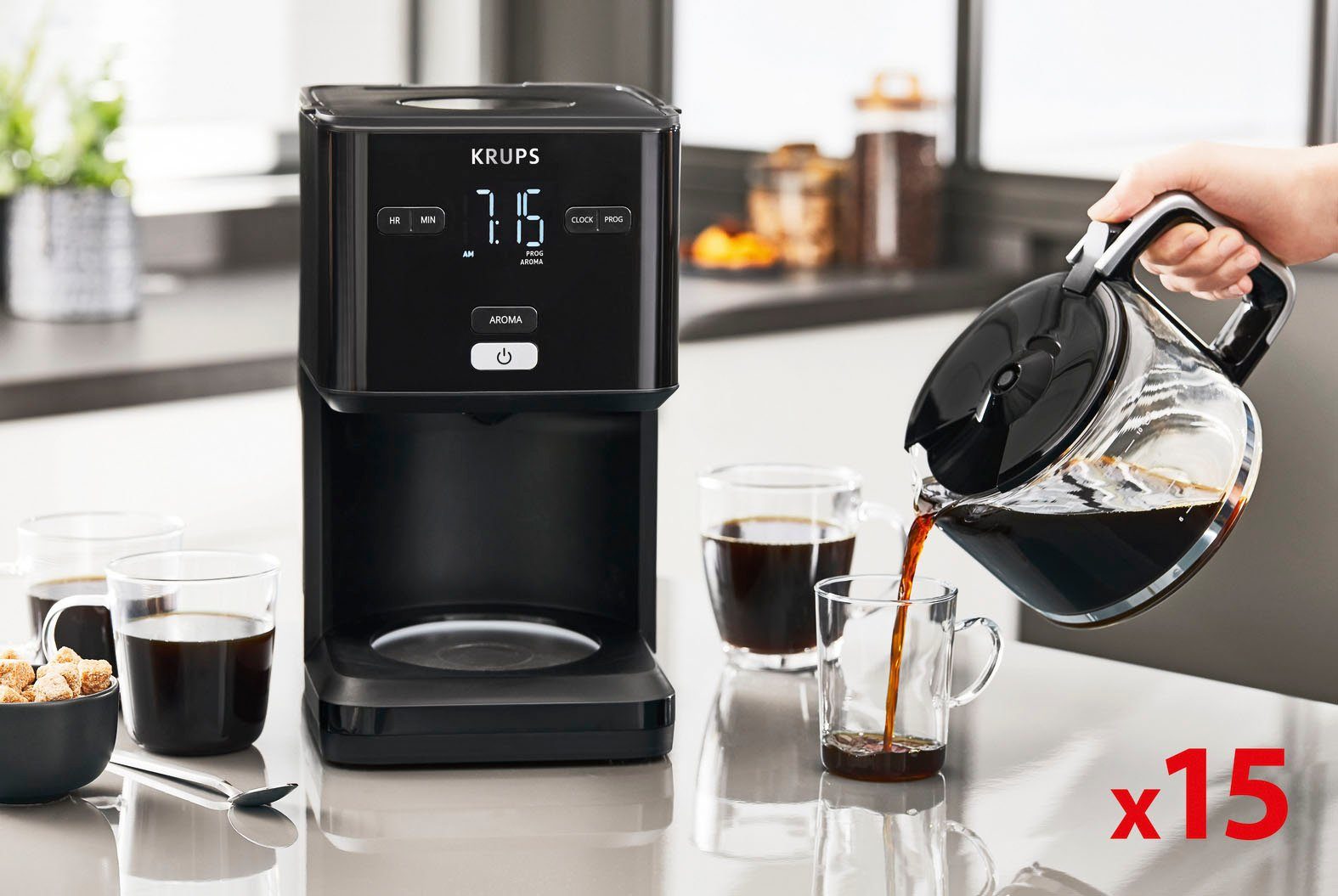Minuten Light, Kaffeekanne, 30 Abschaltung automatische Krups 1,25l Filterkaffeemaschine 24-Std-Timer, Smart'n nach KM6008