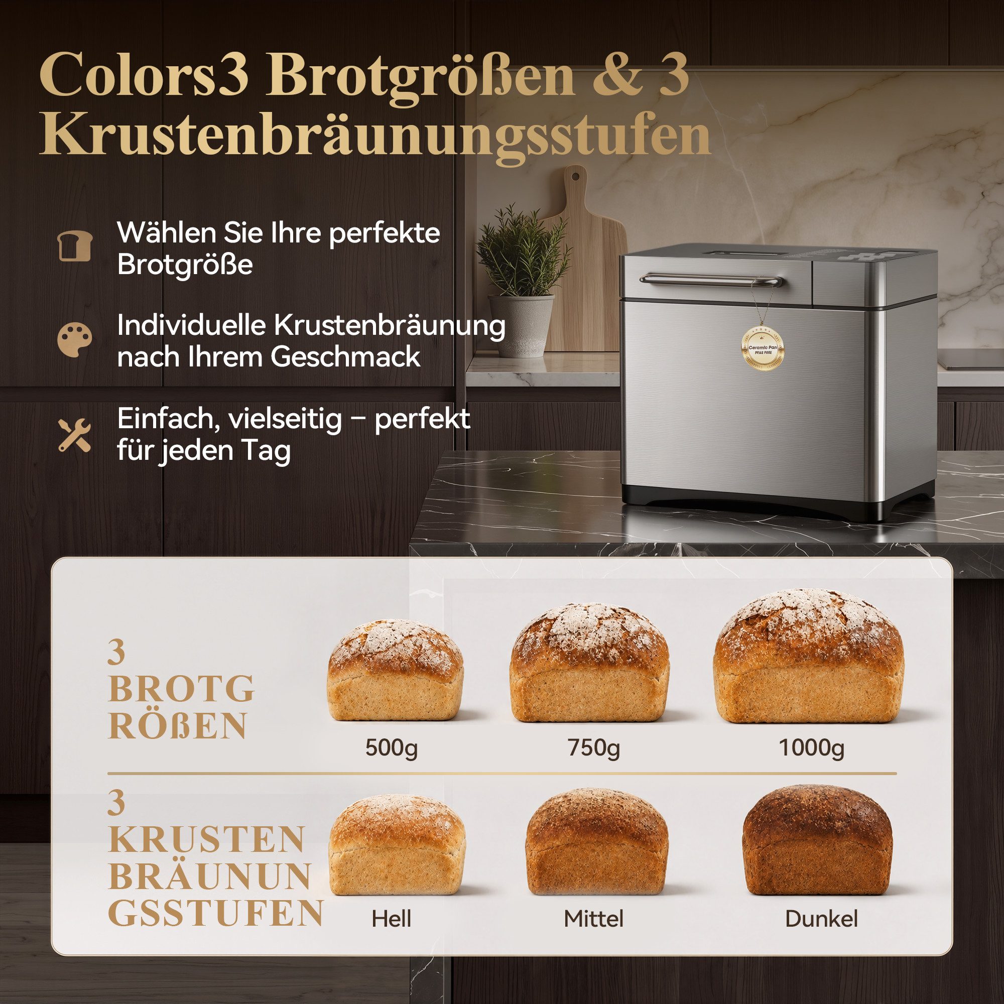Furnicopia Brotbackautomat 19-in-1 Brotbackautomat, 1kg, Edelstahl, Timer, automatische Beigabe, 19 Programme, 710 W, 19 Programme, 3 Krustenfarben 3 GroBen,Ker – Bild 5 von 5