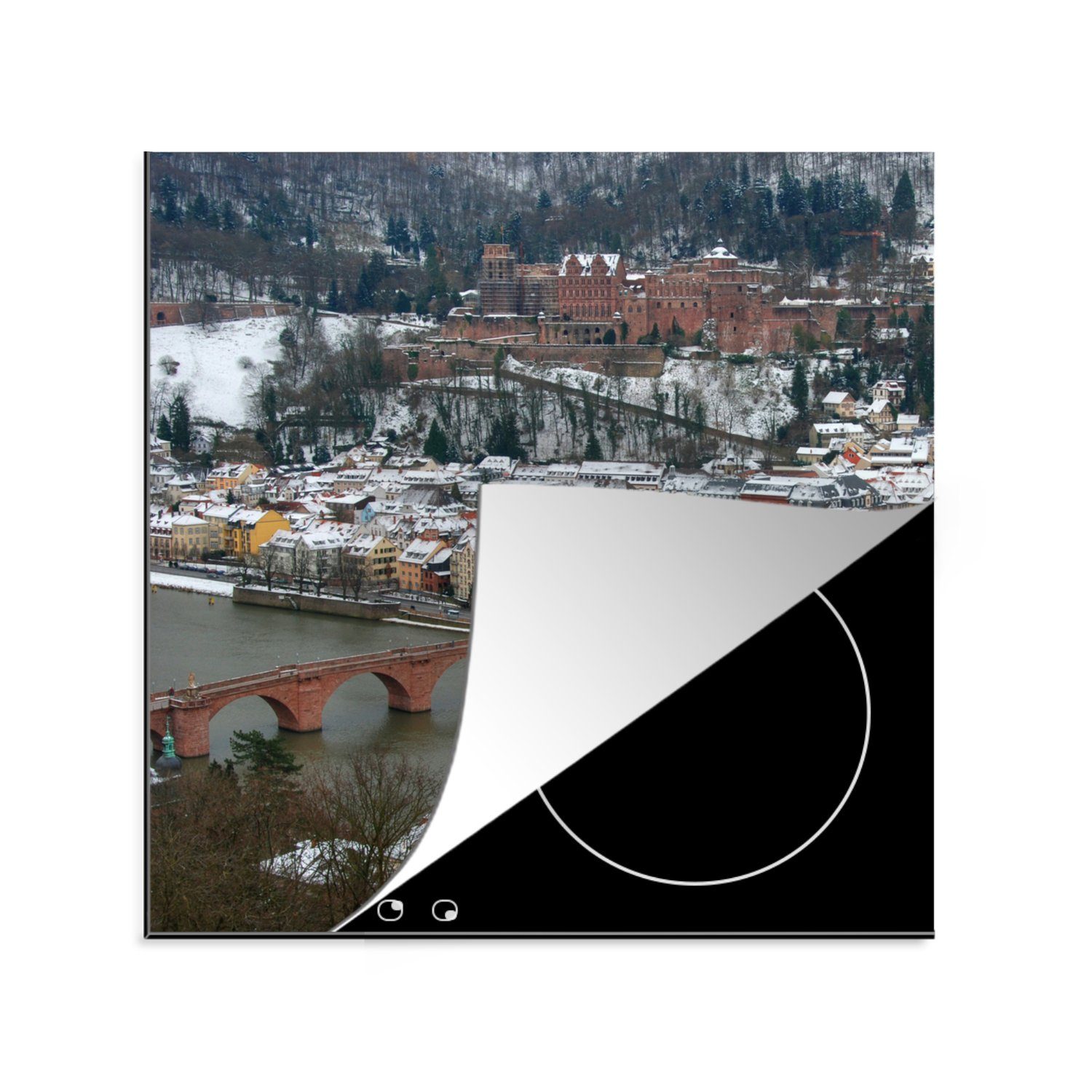 MuchoWow Herdblende-/Abdeckplatte Blick auf das Heidelberger Schloss im Winter, Vinyl, (1 tlg), 78x78 cm, Ceranfeldabdeckung, Arbeitsplatte für küche