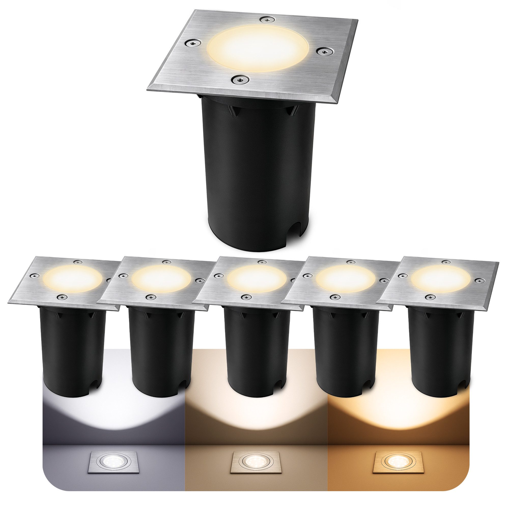 SSC-LUXon LED Gartenstrahler KALPA Bodeneinbauleuchte eckig silber IP67 mit LED GU10 Birne 3W 3in1, Neutralweiß, Warmweiß, Tageslichtweiß