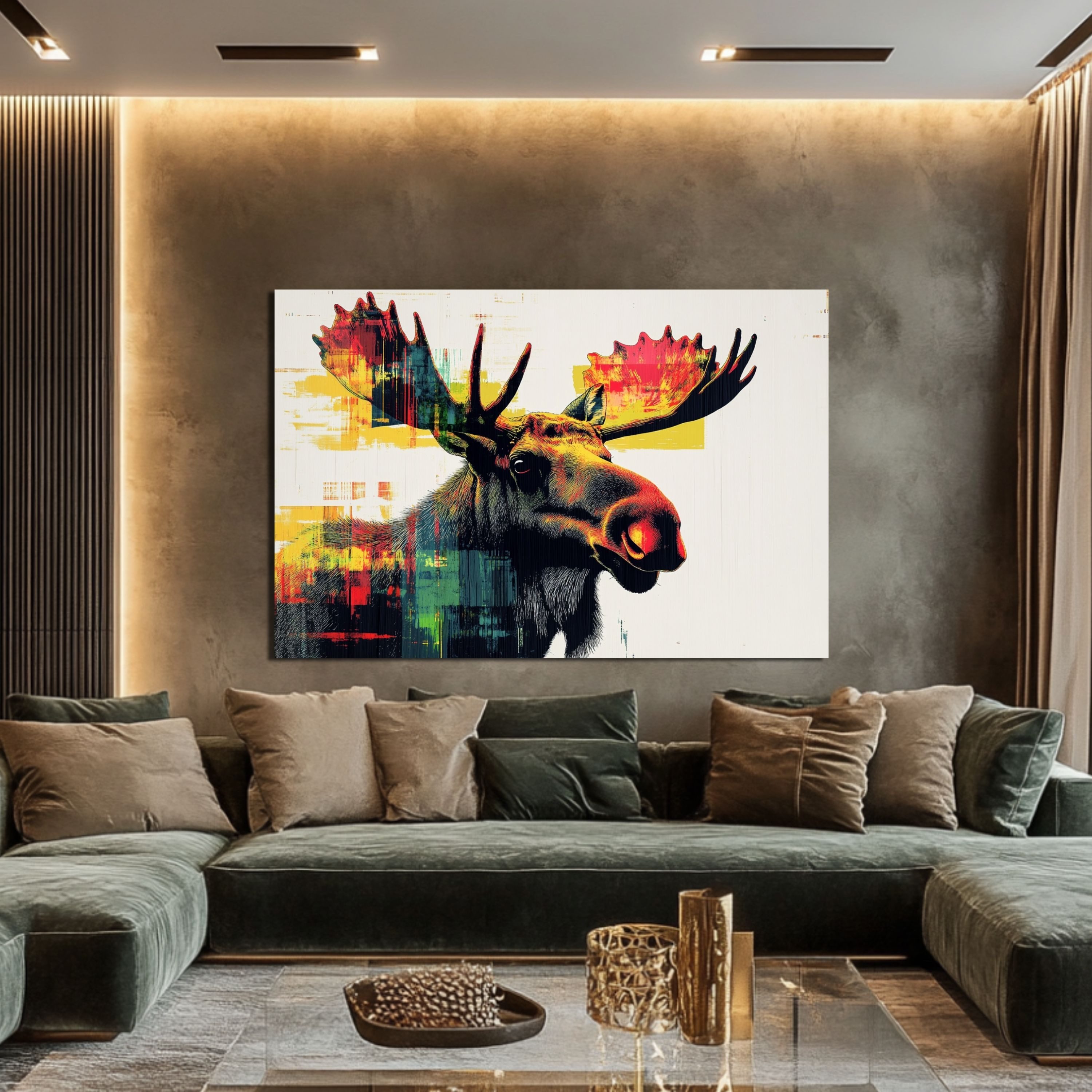 DARO Design Leinwandbild Modern Abstrakt Wandbilder XXL Wandbild Wand Deko Leinwand Bilder, (Elch Warhol Glitch - Bild groß Wohnzimmer Schlafzimmer Küche Esszimmer Einteilig Querformat Fotodruck Leinwände Wanddeko Abstrakte Kunst Boho), 30x20cm