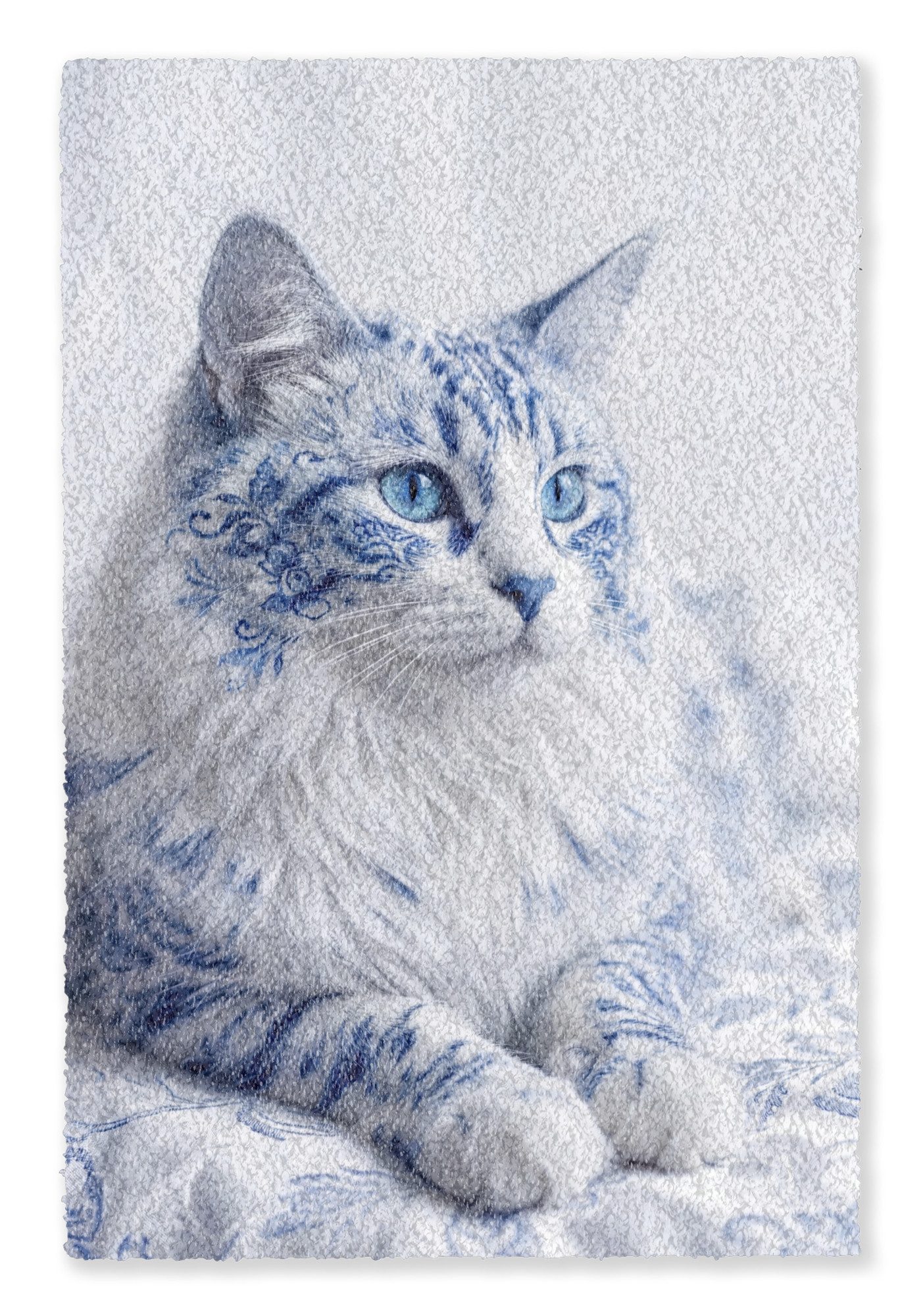 OnlyWow Teppich Katze - Muster - Blau, Rechteckig, Vorleger, Kurzflor, Groß, Wohnzimmer 140x200 cm