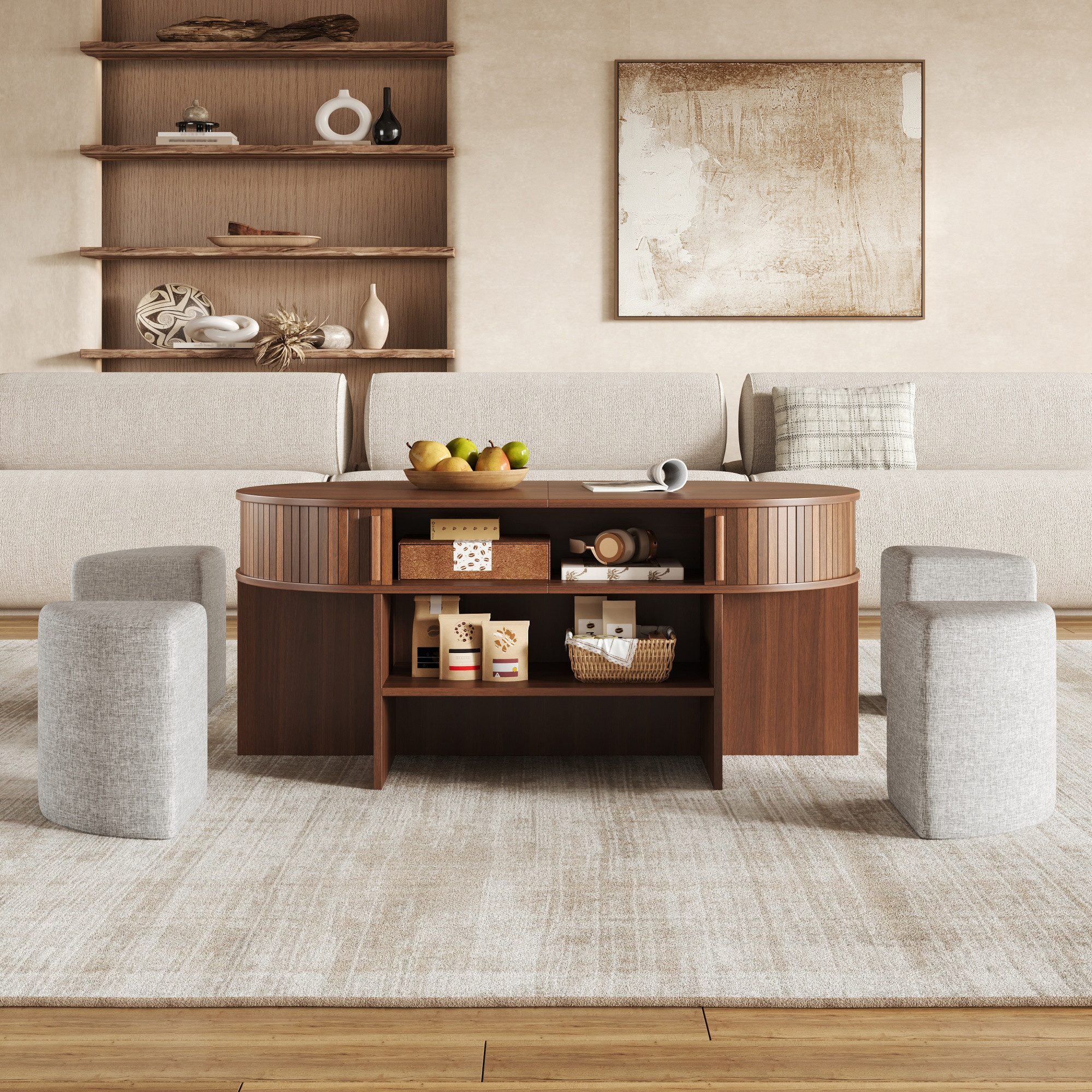 Merax Couchtisch Ovaler Sofatisch Beistelltisch mit Stauraum und Hockern (Aufbewahrungstisch mit vertikaler Rillenoptik, 1-St., 120 L x 60 B x 51,5 H cm), Wohnz – Bild 5 von 5