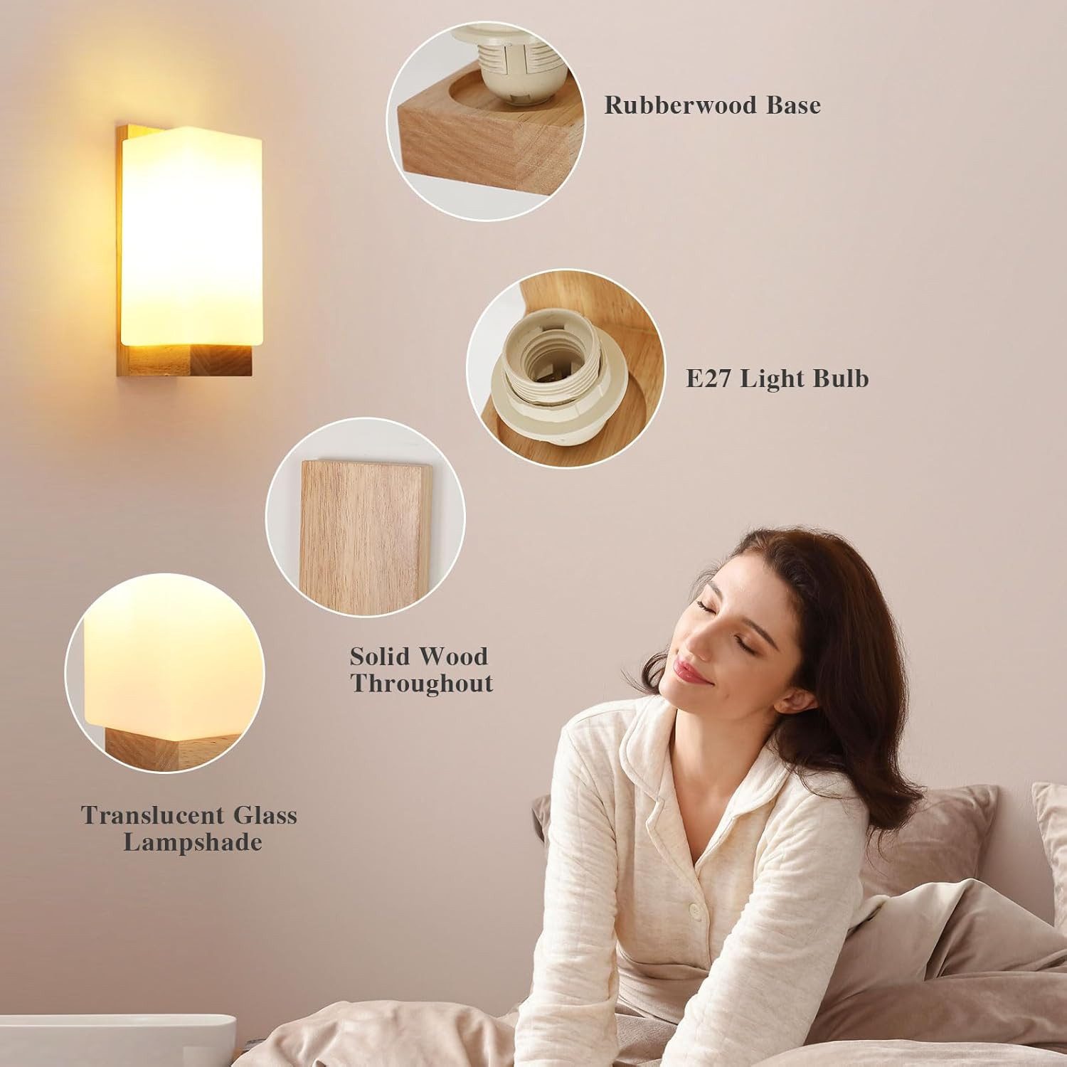 Riserva Wandleuchte Skandinavische Wandlampe Holz Glas, 12W 3-Stufen Licht, E27, LED wechselbar