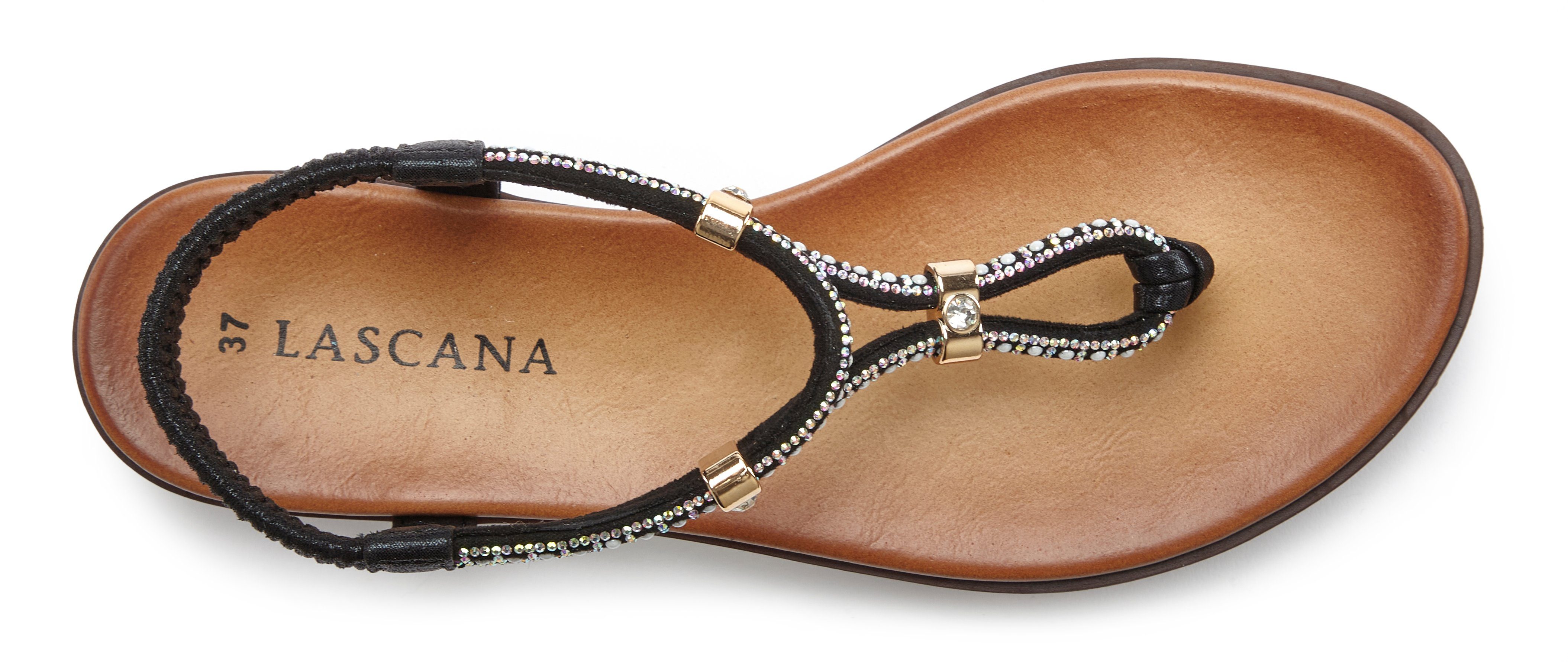 LASCANA Sandale, Sommerschuh, offener Schuh, Zehentrenner mit eleganten Schmucksteinchen VEGAN