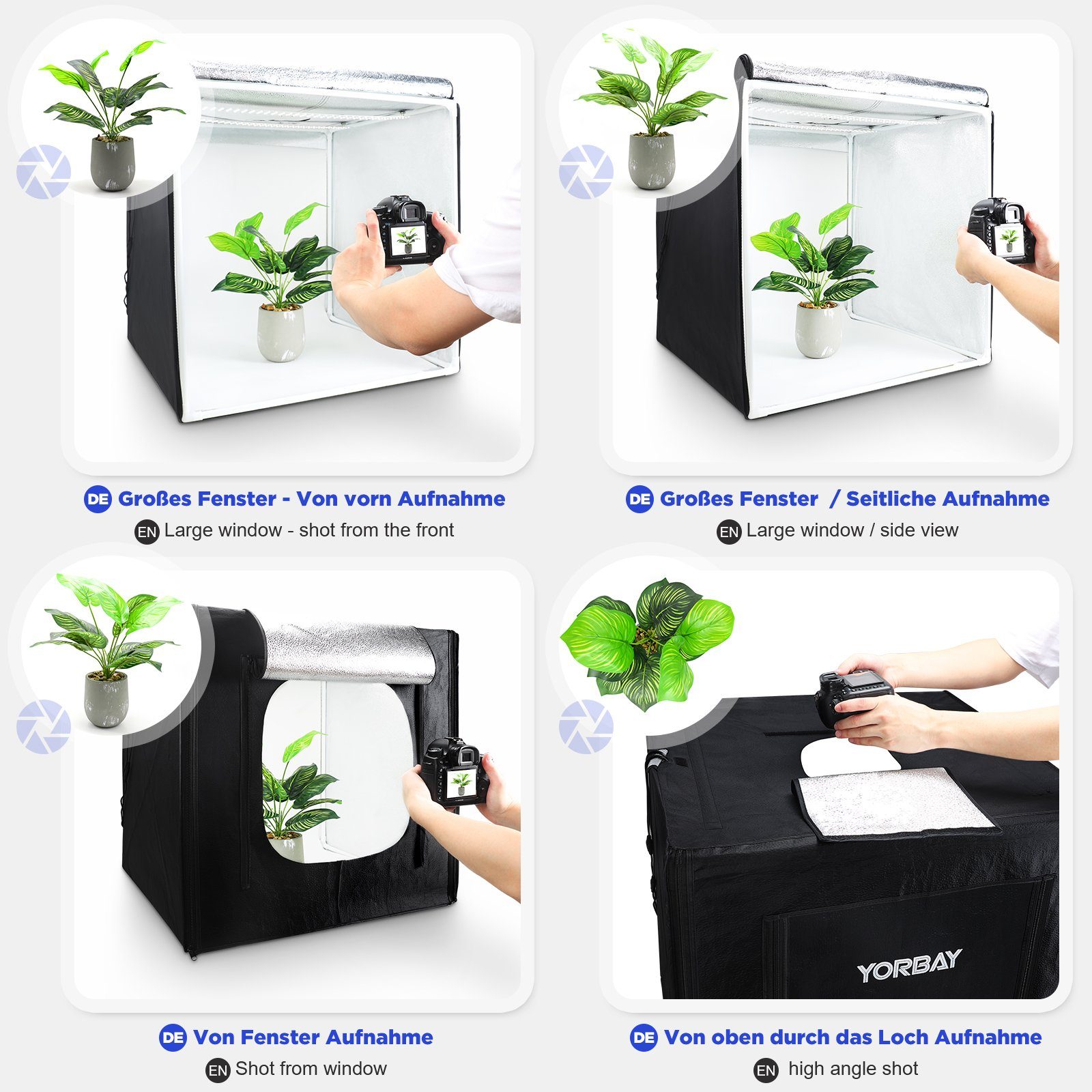 Yorbay Fotostudio-Box Fotostudio Set 60 x 60 x 60cm LED Fotobox Lichtbox Lichtwürfel, Lichtzelt inkl. 4 PVC-Hintergrundfolien(schwarz,rein weiß,grau,orange)