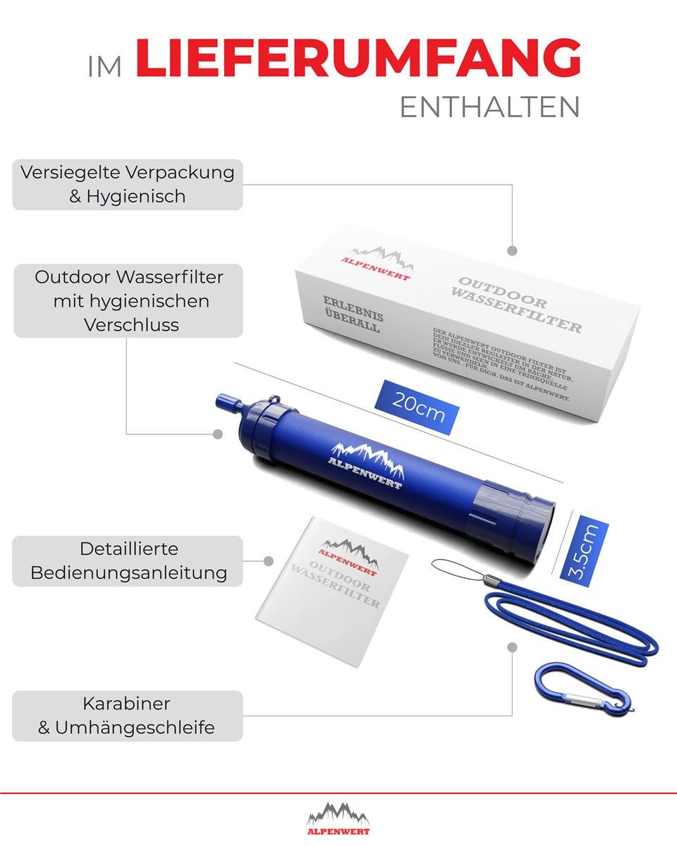 Alpenwert Wasserfilter Outdoor Wasserfilter, Zubehör für alle Trinkflaschen, Universell, Filtert bis zu 4000 Liter und 99,99% aller Keime und Bakterien abtötet