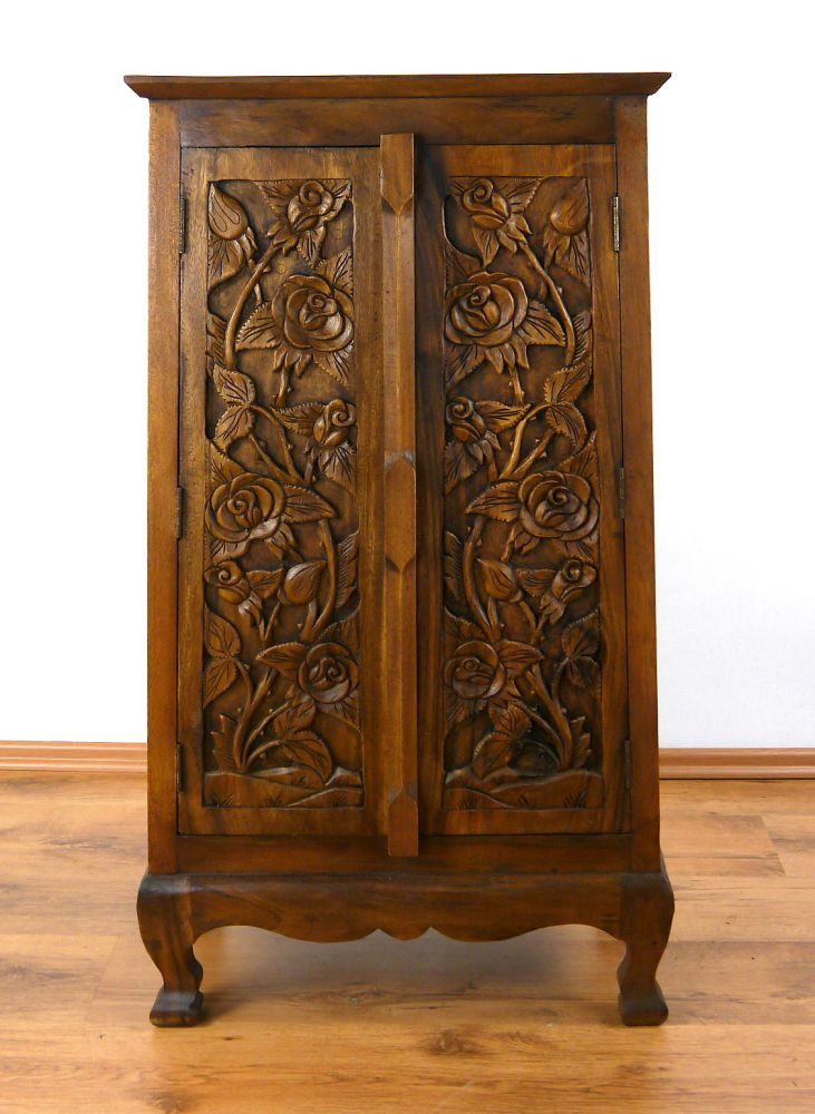 livasia Kommode Asiatischer Massivholz Schrank 55x35x100cm mit Rosenschnitzerei