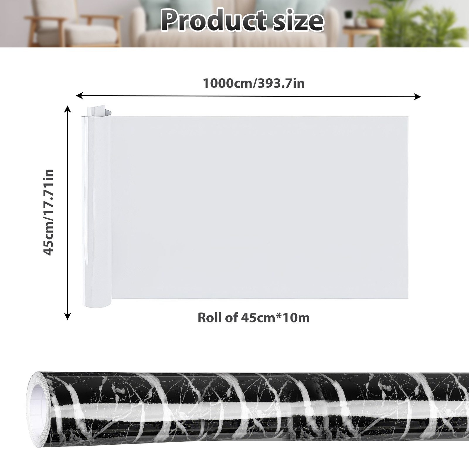 BlingBin Möbelfolie Schwarze Marmor-Klebefolie 45 cm × 10 m, selbstklebende Dekofolie, (1 Stück, 1St.}, 45 cm × 10 m), zum Abziehen und Aufkleben für Küche, Möbel und Regale