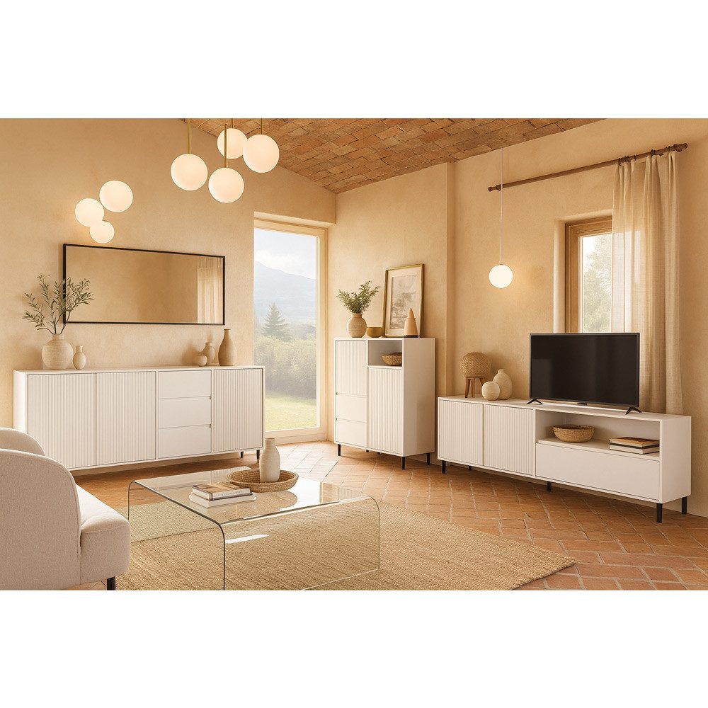 Lomadox Wohnzimmer-Set AMELIA-129, (Mega-Spar-Set, 3-St., Highboard Lowboard Sideboard), Sideboard Highboard Lowboard weiß Rillen