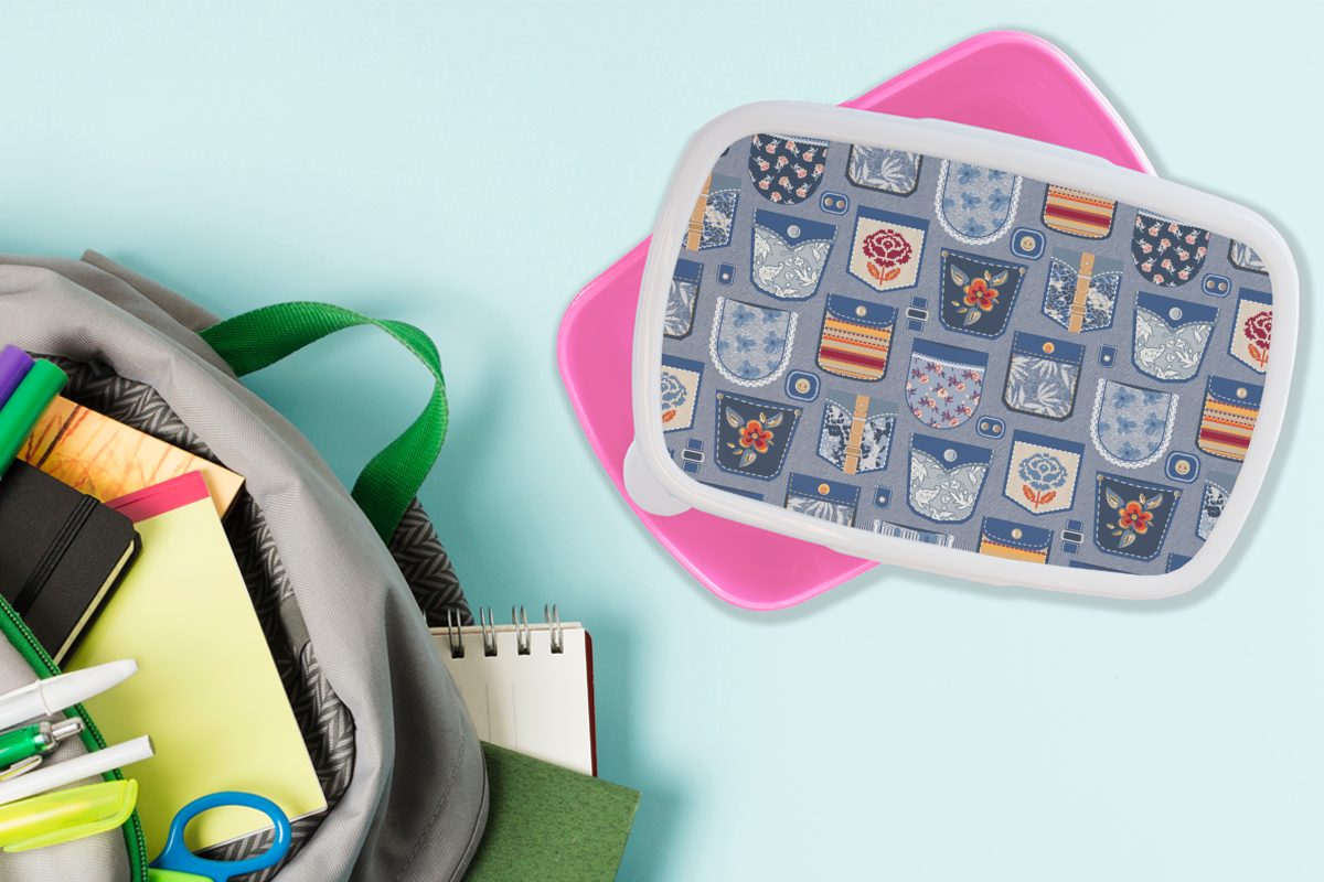 MuchoWow Lunchbox Hosen Schnittmuster, für rosa Denim Brotdose - - Brotbox Erwachsene, Mädchen, Kunststoff, Aufnäher (2-tlg), Snackbox, Kunststoff Kinder, 