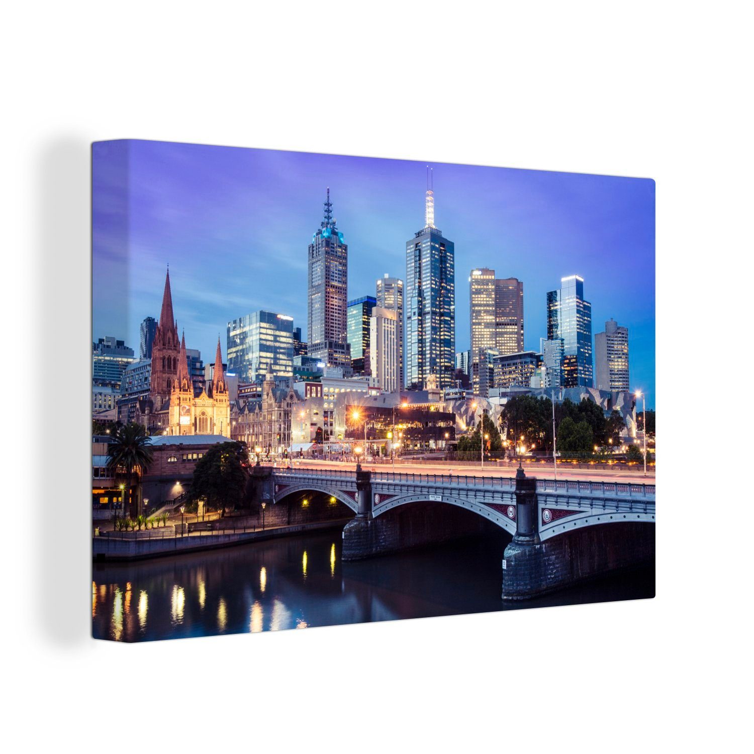 in Leinwandbild Melbourne australischen Wandbild St), cm Illuminationen 30x20 Farbenfrohe am, Stadt Leinwandbilder, (1 OneMillionCanvasses® der Wanddeko, Aufhängefertig,