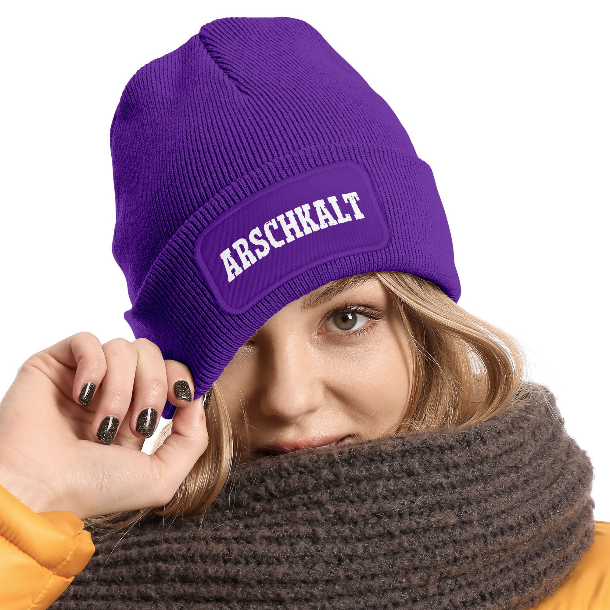MoonWorks Strickmütze Moonworks® Damen Beanie mit Patch Arschkalt Strickmütze mit Spruch