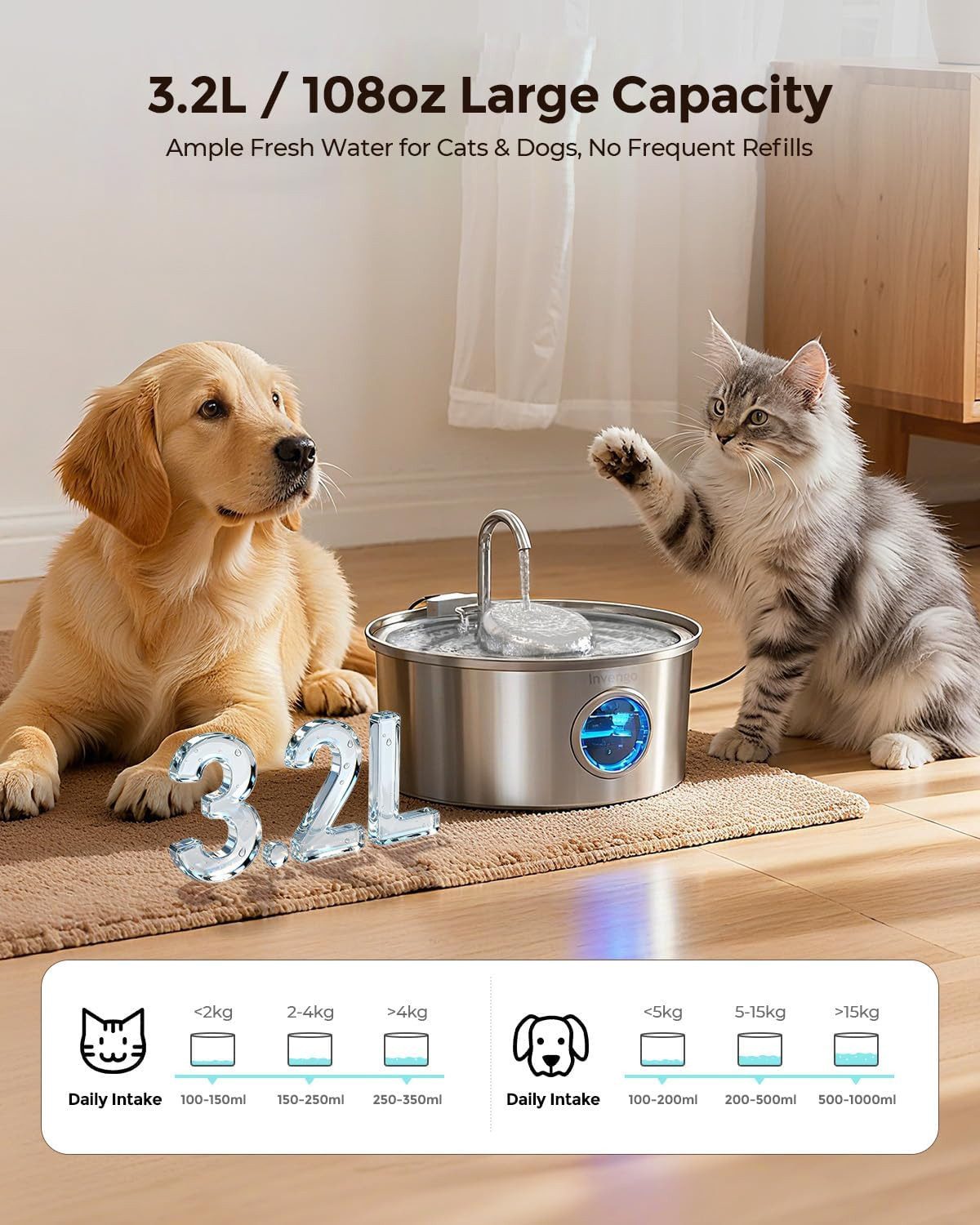 Invengo Trinkbrunnen Trinkbrunnen Katzenbrunnen Edelstahl 3,2L mit Filter Pumpe 3,2 l, Wasserstandsanzeige Edelstahlgehäuse leise Pumpe Filtersystem