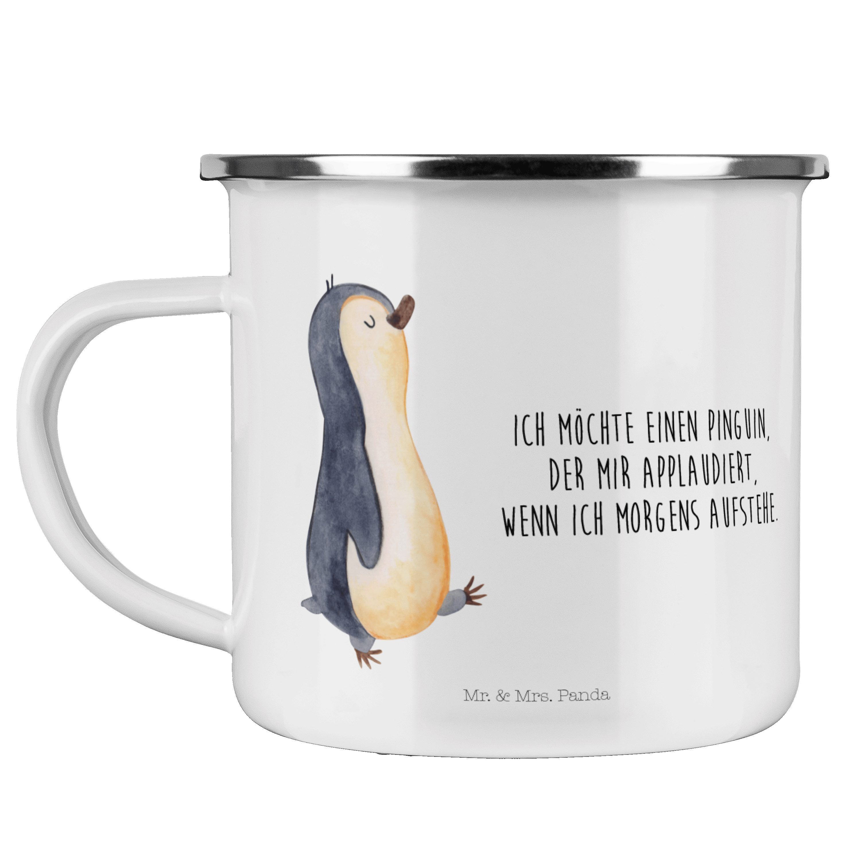 Mr. & Mrs. Panda Becher Pinguin marschierend - Weiß - Geschenk, zufrieden, Schwester, stolz, Emaille