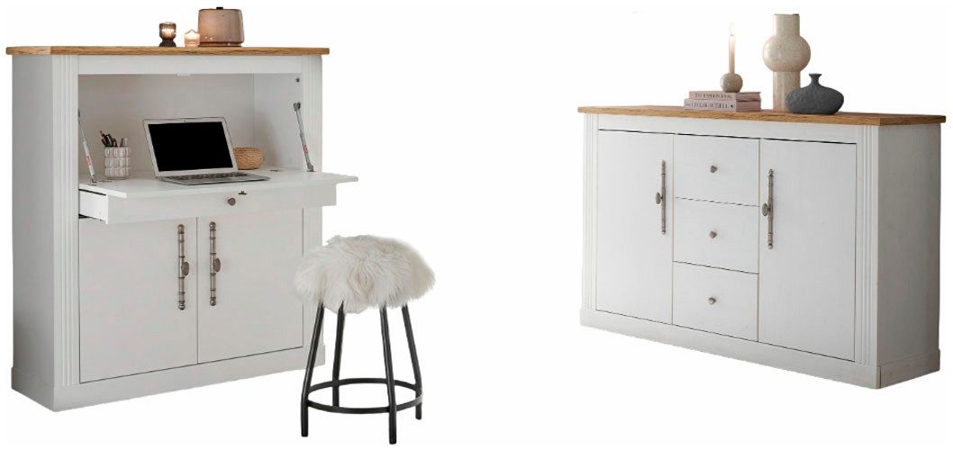 OTTO home Büromöbel-Set Westminster, wohnliches Home-Office, Büro in zwei Farben verfügbar, (Set, 2-tlg), enthält Sekretär und Sideboard im Landhausstil, mit Kabelkanal