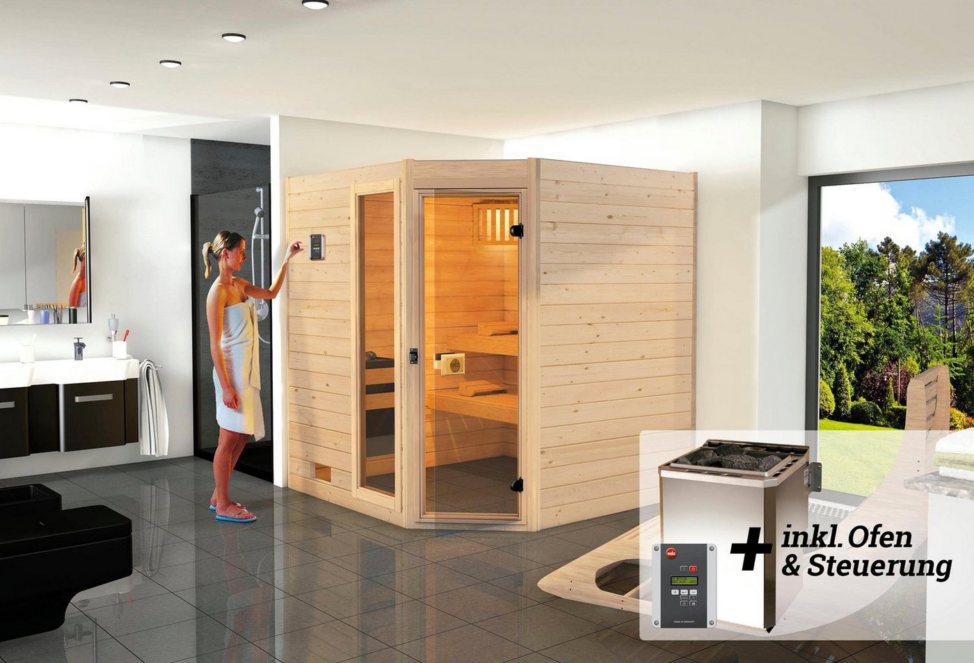 Thumbnail - weka Sauna Valida, BxTxH: 189 x 172 x 203,5 cm, 38 mm, (Set) 7,5 kW Bio-Ofen mit digitaler Steuerung