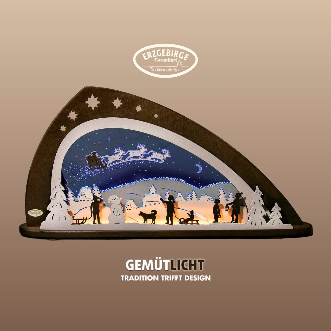 Weigla Lichterbogen LED Santa Claus, Schwibbogen aus Holz & Acrylglas, Made in Germany (1-tlg), Erzgebirge garantiert, Weihnachtsdeko Innen, Weihnachtsbeleuchtung