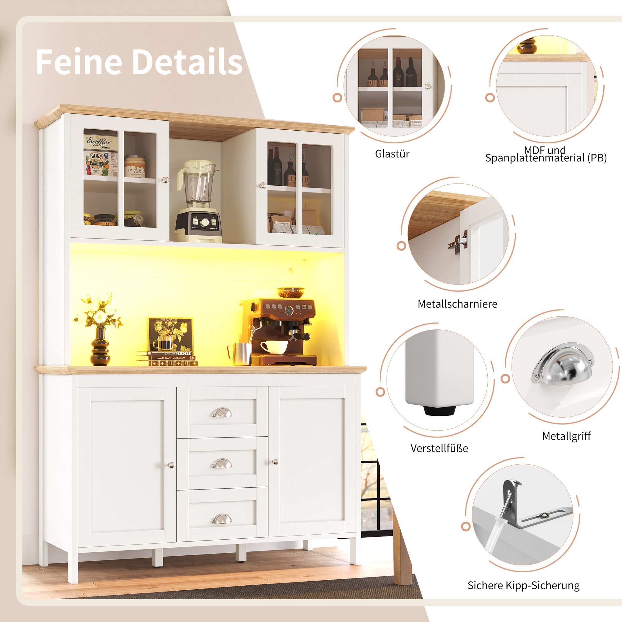 Celya Küchenbuffet Hoher Anrichteschrank mit LED-Beleuchtung (120x40x179 cm, 4 Türen und 3 Schubladen, App-Steuerung LED, integriertes Kabelmanagement, Anti-Kipp-Sicherung)