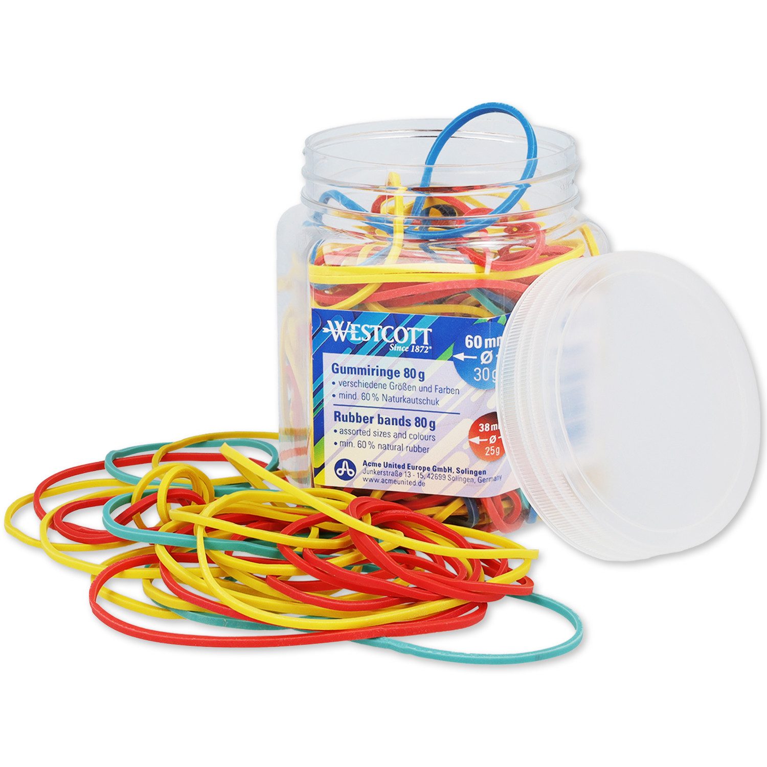 WESTCOTT Gummiband Gummibänder 80g, Bunte Gummiringe, Haushaltsgummis ⌀ 60mm, 50mm & 38mm, Mind. 60% Naturkautschuk