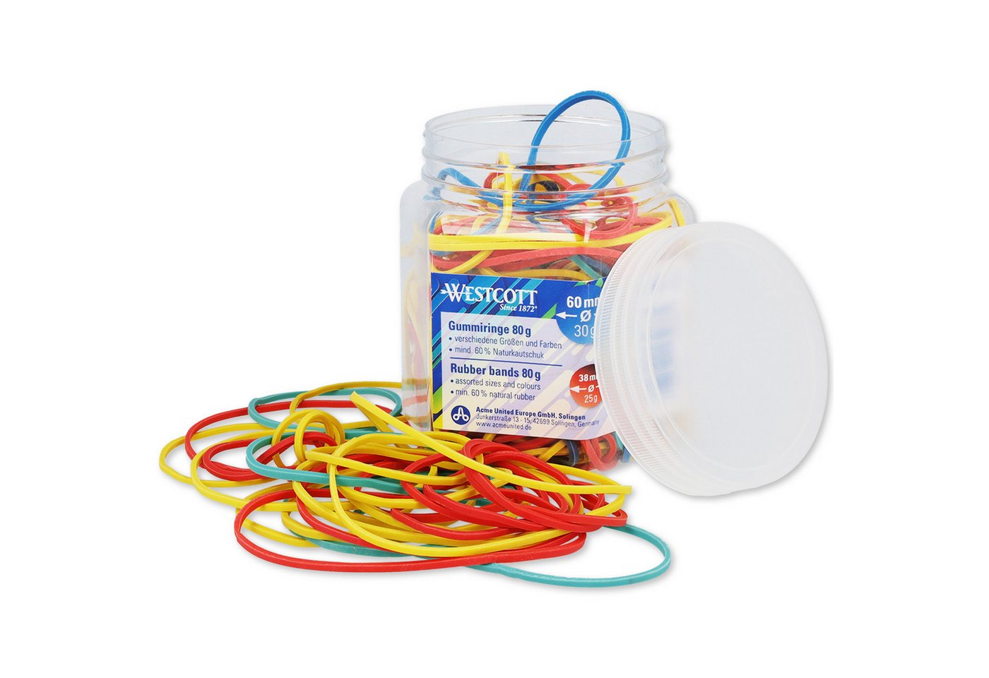 WESTCOTT Gummiband Gummibänder 80g, Bunte Gummiringe, Haushaltsgummis ⌀ 60mm, 50mm & 38mm, Mind. 60% Naturkautschuk