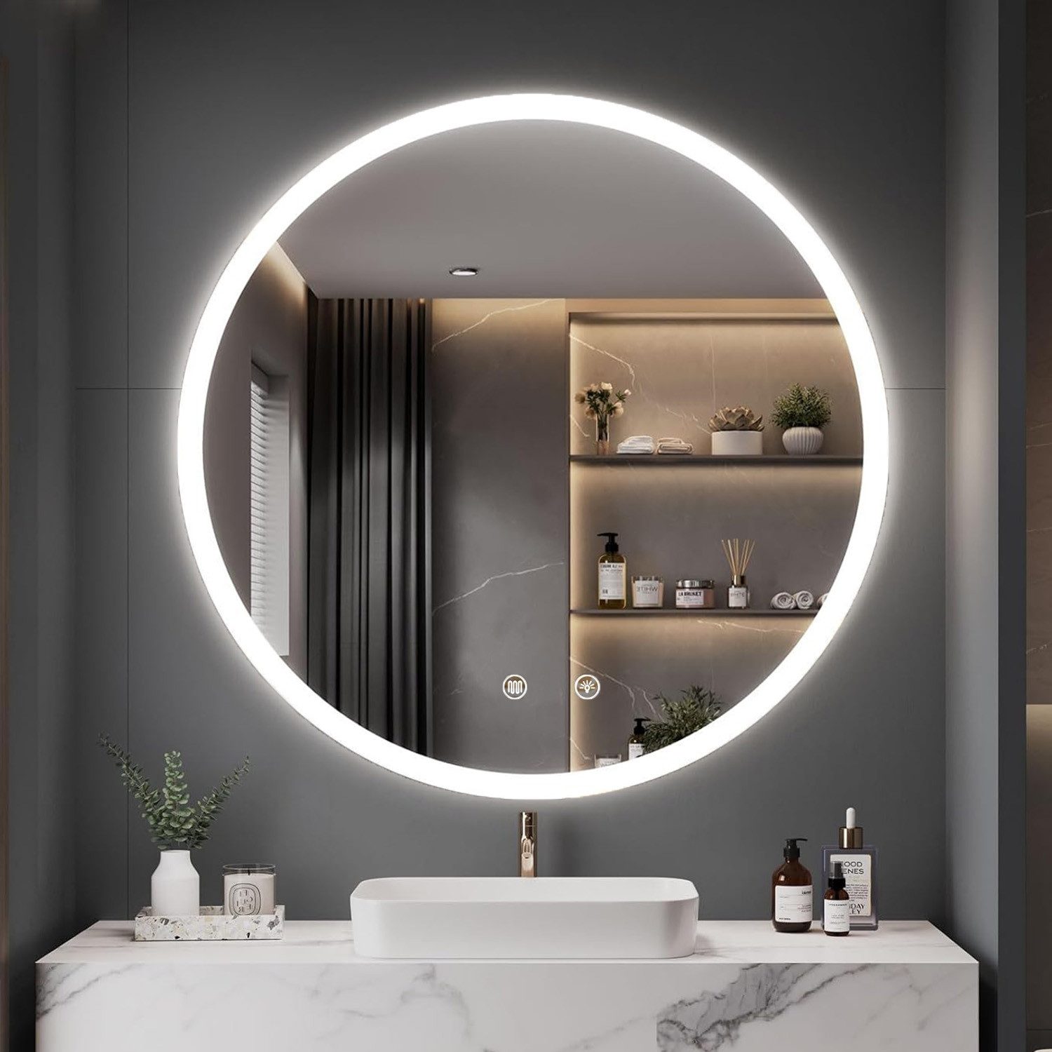 WILGOON LED-Lichtspiegel 70cm Badspiegel Rund mit LED Beleuchtung, Antibeschlag,Touch-Steuerung (Memory-Funktion), LED-Badspiegel mit 3 Lichtmodi Dimmbar, Schminkspiegel Wandspiegel