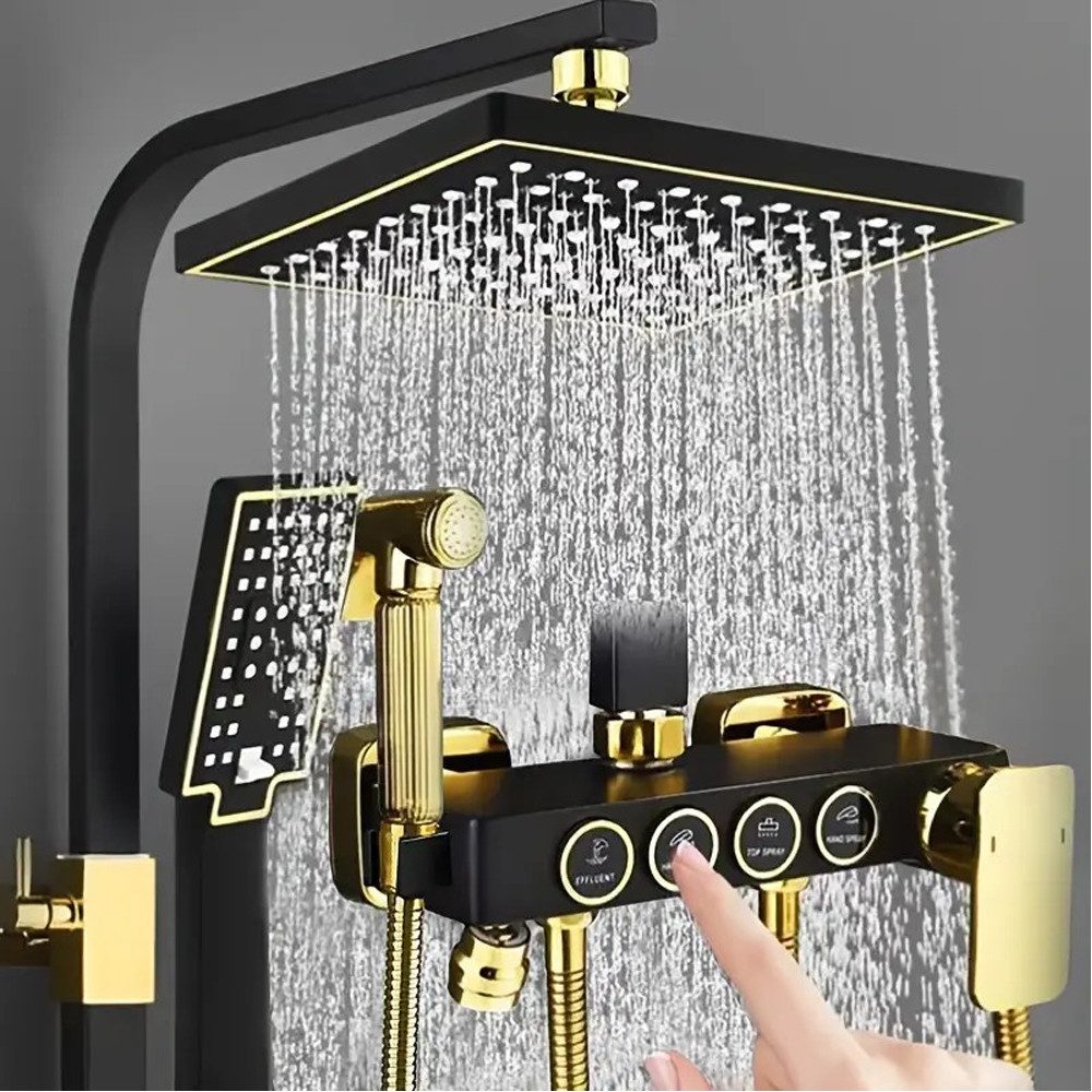 ZREE Duschsystem Brausegarnitur Schwarz Gold Thermostat-Mischbatterie günstig online kaufen