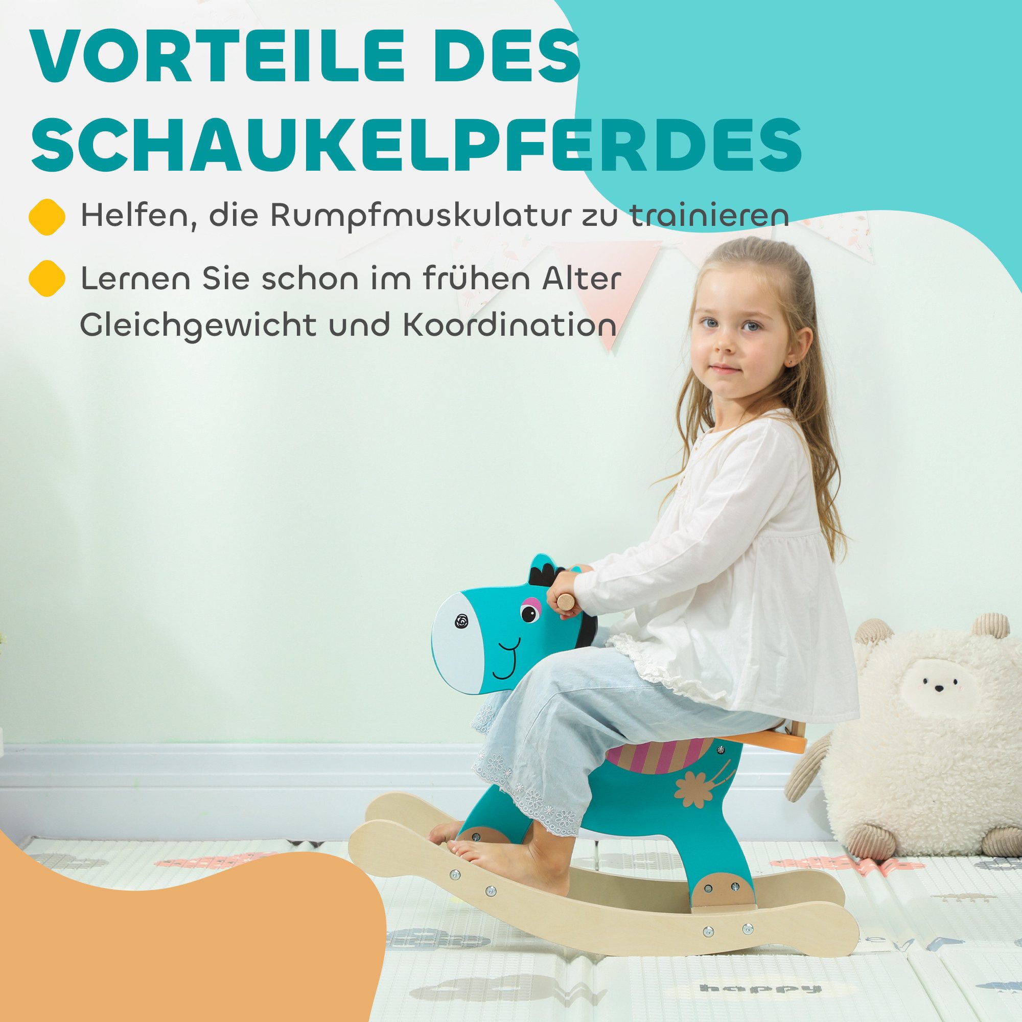 AIYAPLAY Schaukeltier Schaukelpferd Holz mit Haltegriffen Esel, (1 tlg), für Kinder von 2-5 Jahren, Dunkelgrün – Bild 4 von 5