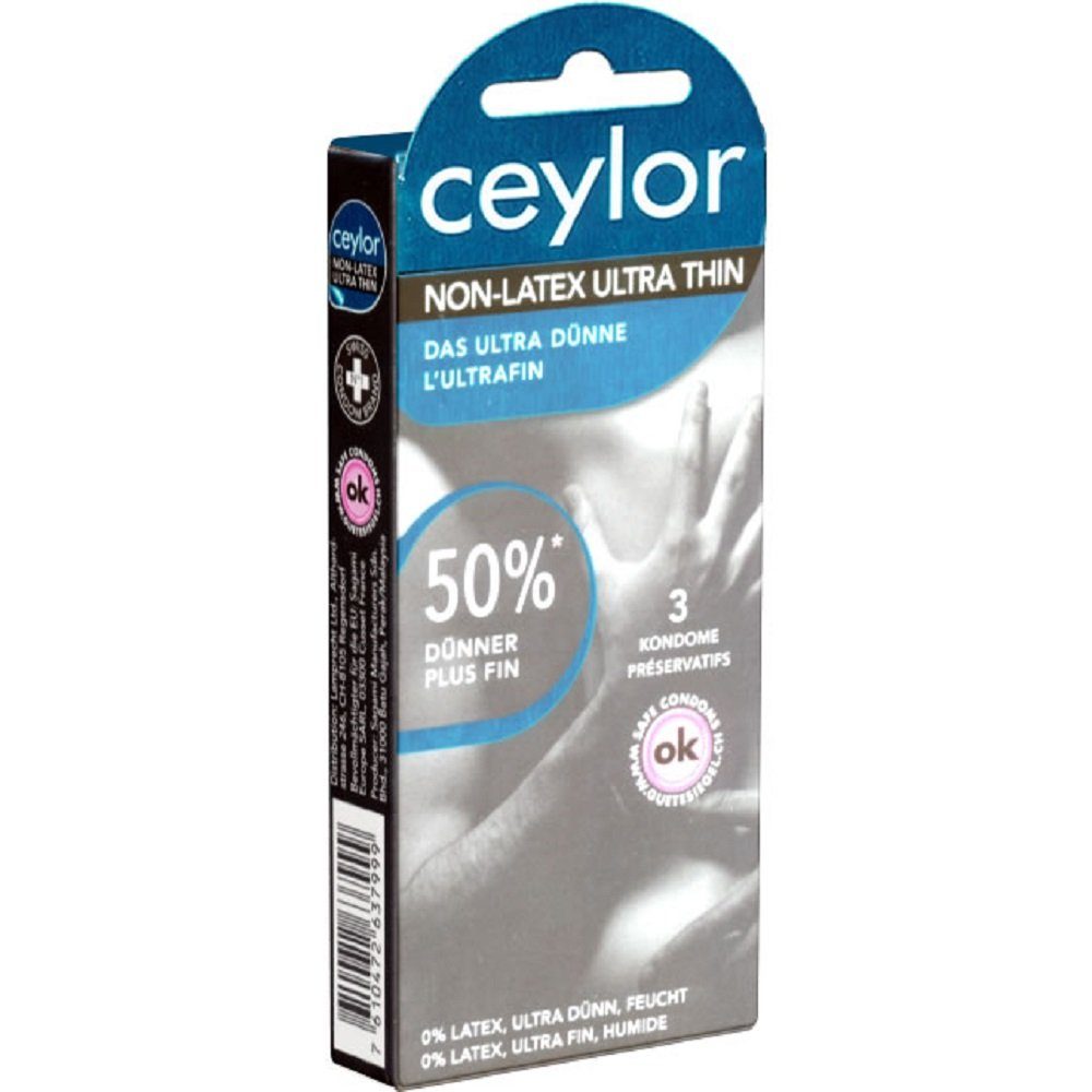 Ceylor Kondome Non-Latex Ultra Thin (Kondome für Allergiker - latexfrei & 50% dünner) Packung mit, 3 St., im hygienischen "Dösli", einfach zu öffnen, schnelleres Überziehen | Kondome