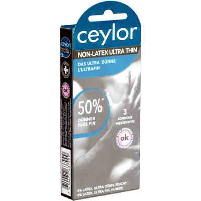 Ceylor Kondome Non-Latex Ultra Thin (Kondome für Allergiker - latexfrei & 50% dünner) ultradünne latexfreie Kondome, Packung mit, 3 St., hypoallergene Kondome, Premium-Qualität aus der Schweiz, im hygienischen "Dösli", einfach zu öffnen, schnelleres Überziehen