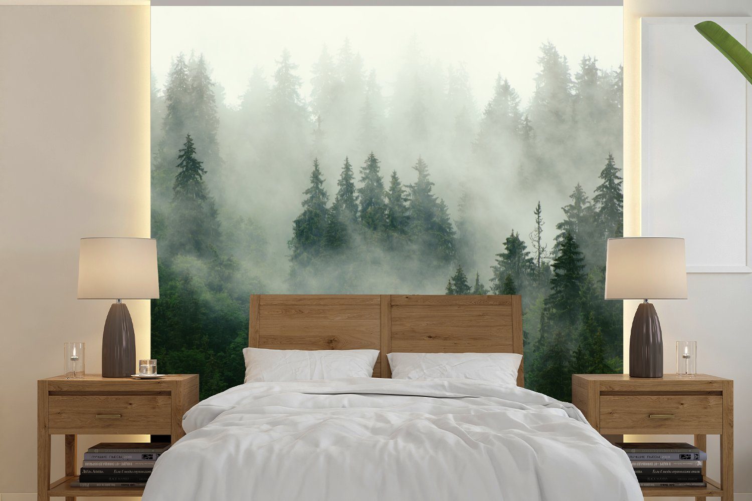 MuchoWow Fototapete Wald - Nebel - Bäume - Natur, Matt, bedruckt, (5 St), Vinyl Tapete für Wohnzimmer oder Schlafzimmer, Wandtapete