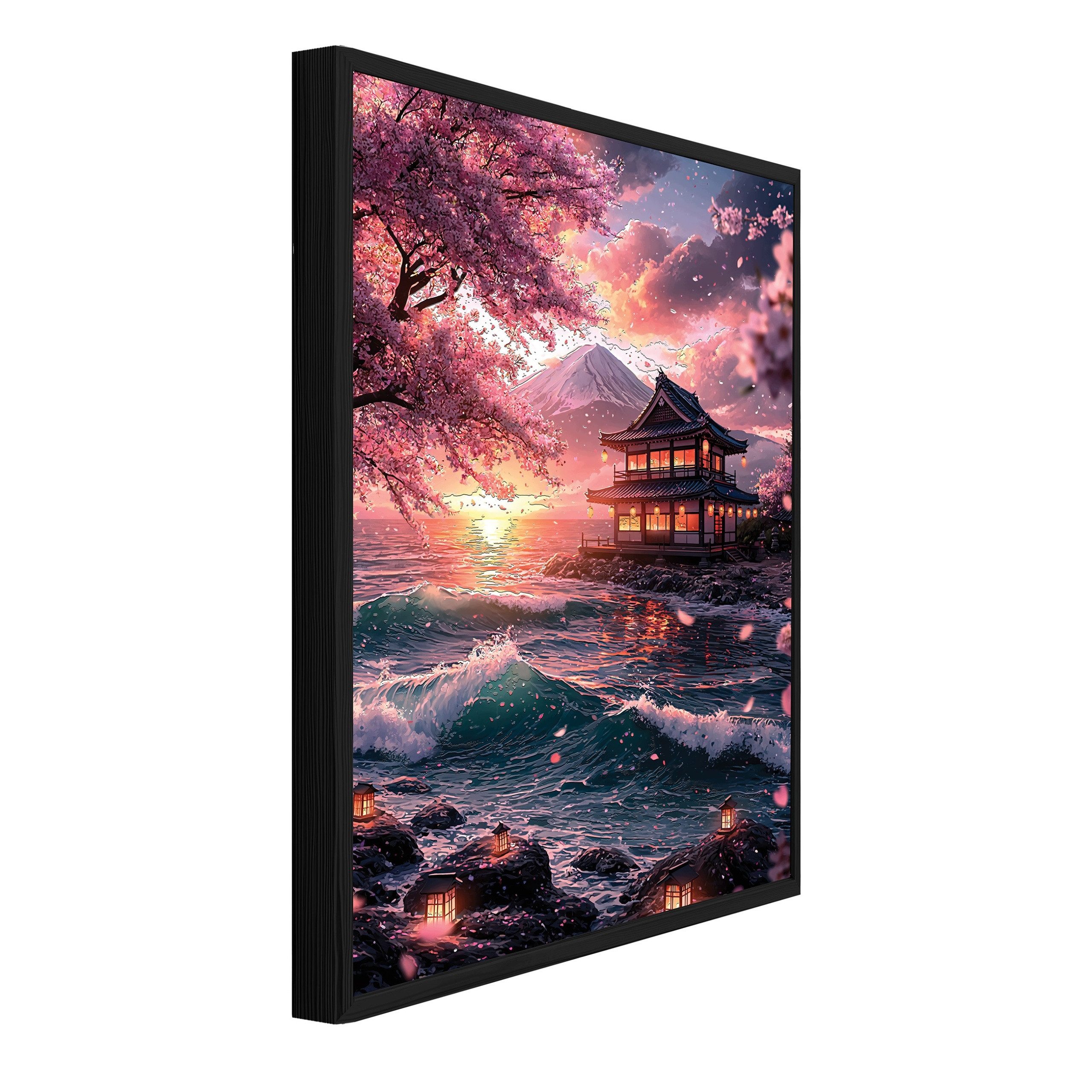 Wallarena Wandbild Fuji Berg Meer Kirschblüten Schlafzimmer Wohnzimmer Bilder Wandbild, Berg Fudschijama, Meer, japanischer Tempel, Kirschblüten (Wandbild, 1 St), Bilder mit Rahmen Wohnzimmer Schlafzimmer Wandbild Wanddeko 30x40 cm