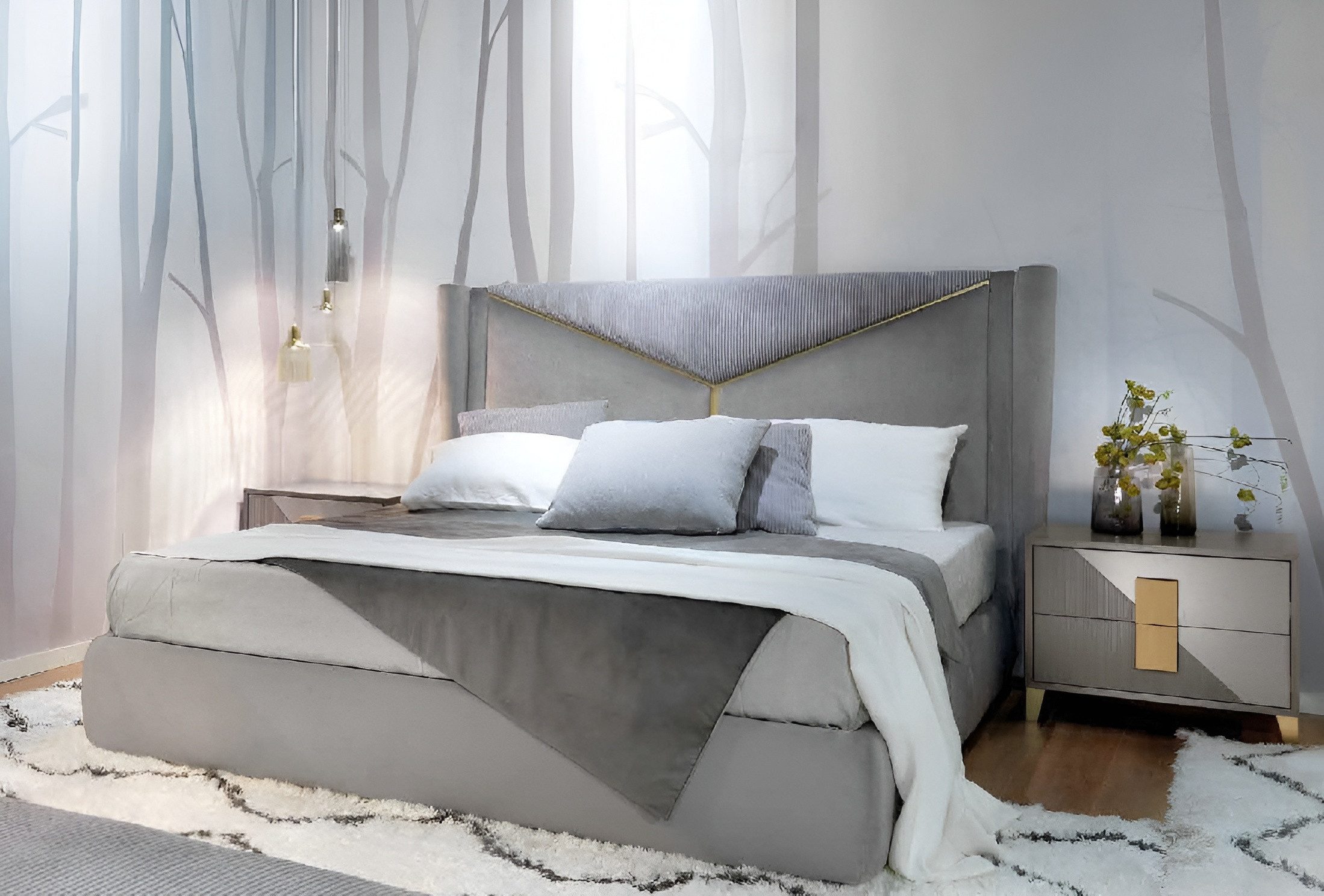 Schlafzimmer-Set Grau Bett mit Nachttischen aus hochwertigem Holz