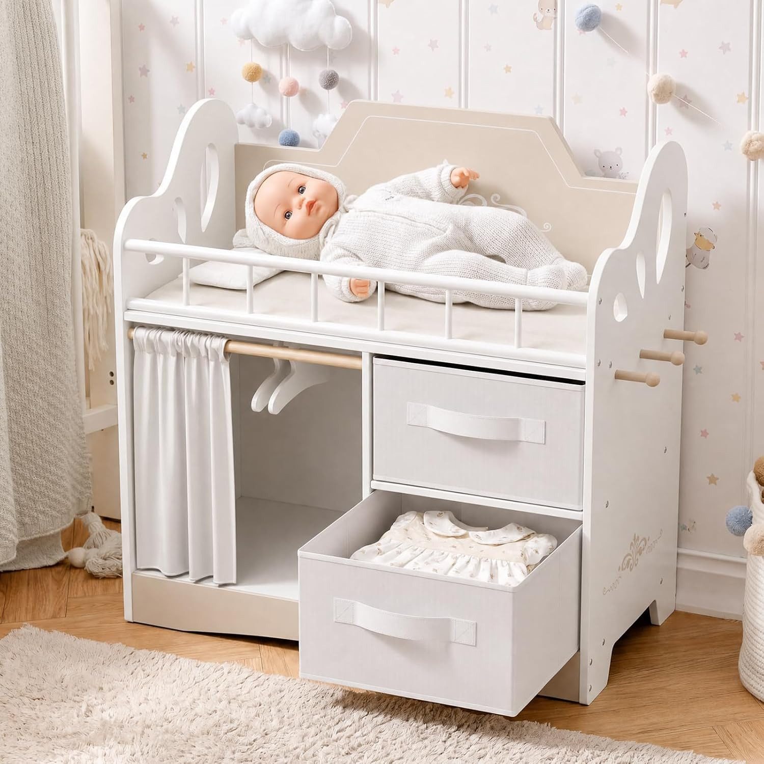 TLGREEN Puppenbett als Kinderspielzeug (stabiles Puppenmöbel für Rollenspiele, kindgerechtes Puppenbett‑Zubehör für Puppen), kreatives Spielzeug für Kinder ab 3 Jahren im Kinderzimmer